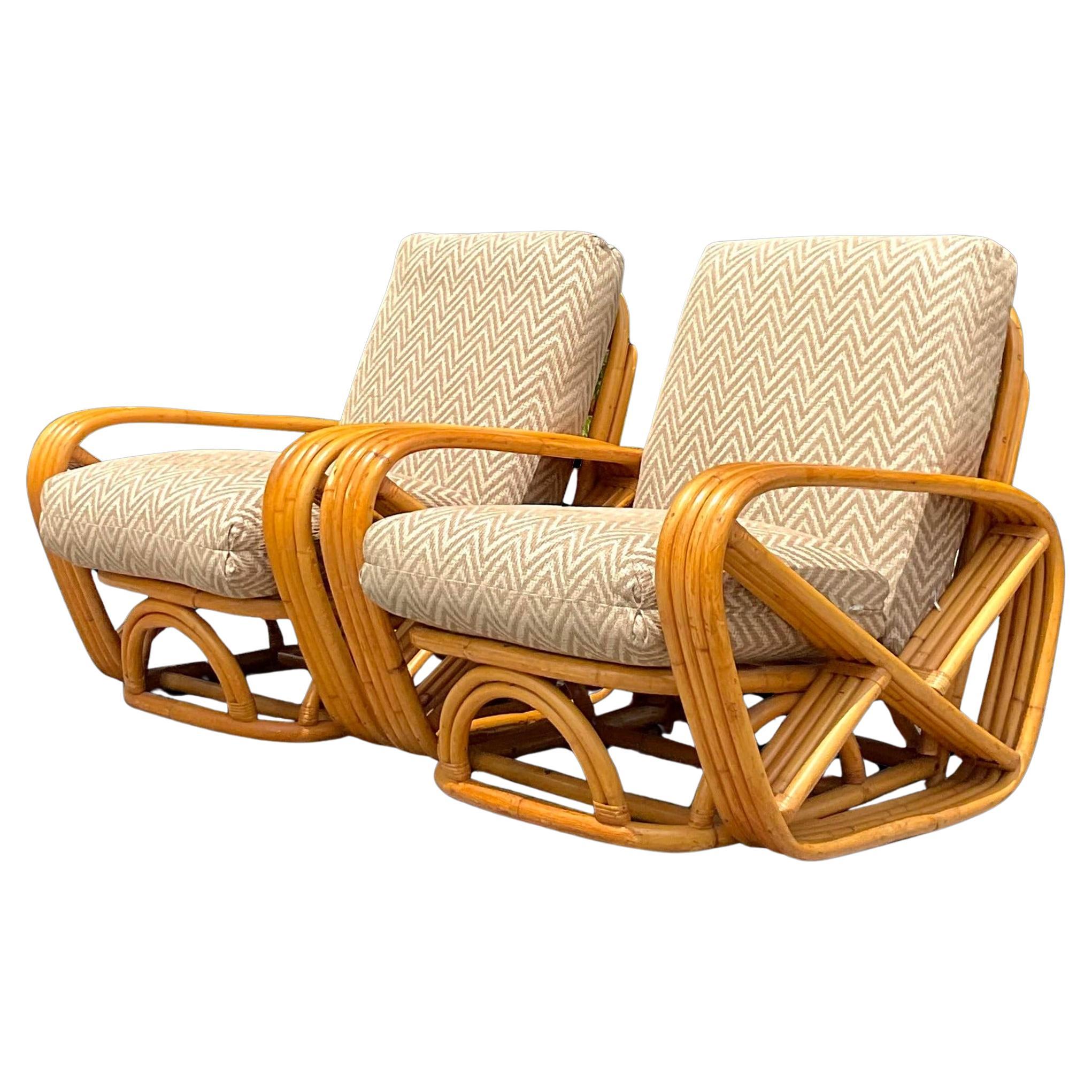 Vierstrangige gebogene Rattan-Loungesessel mit Coastal-Motiv nach Frankl, Vintage