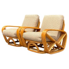 Retro Coastal Four Strand Bent Rattan Lounge Chairs After Frankl - a Pair