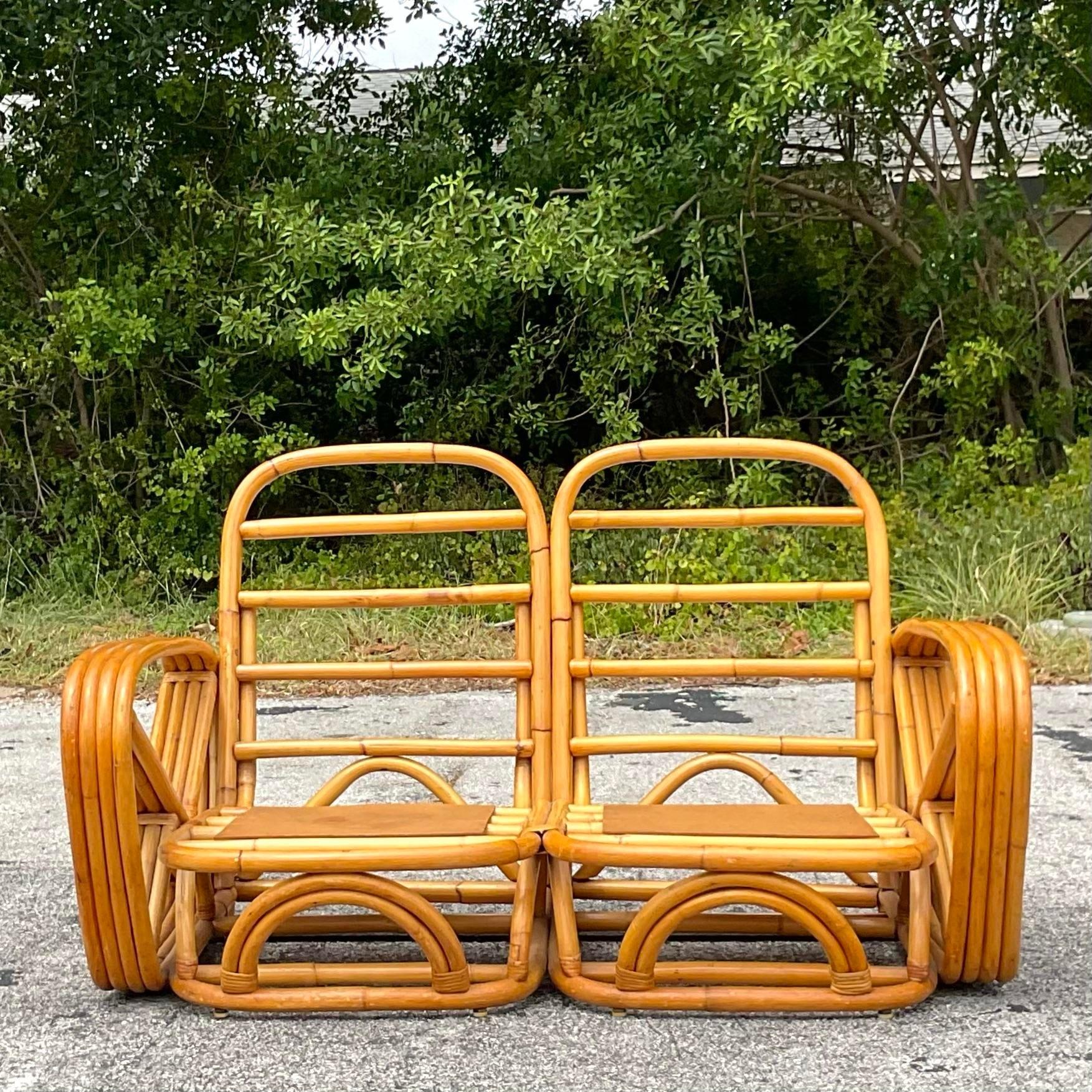 20ième siècle Loveseat Coastal à quatre brins en rotin courbé d'après Frankl en vente