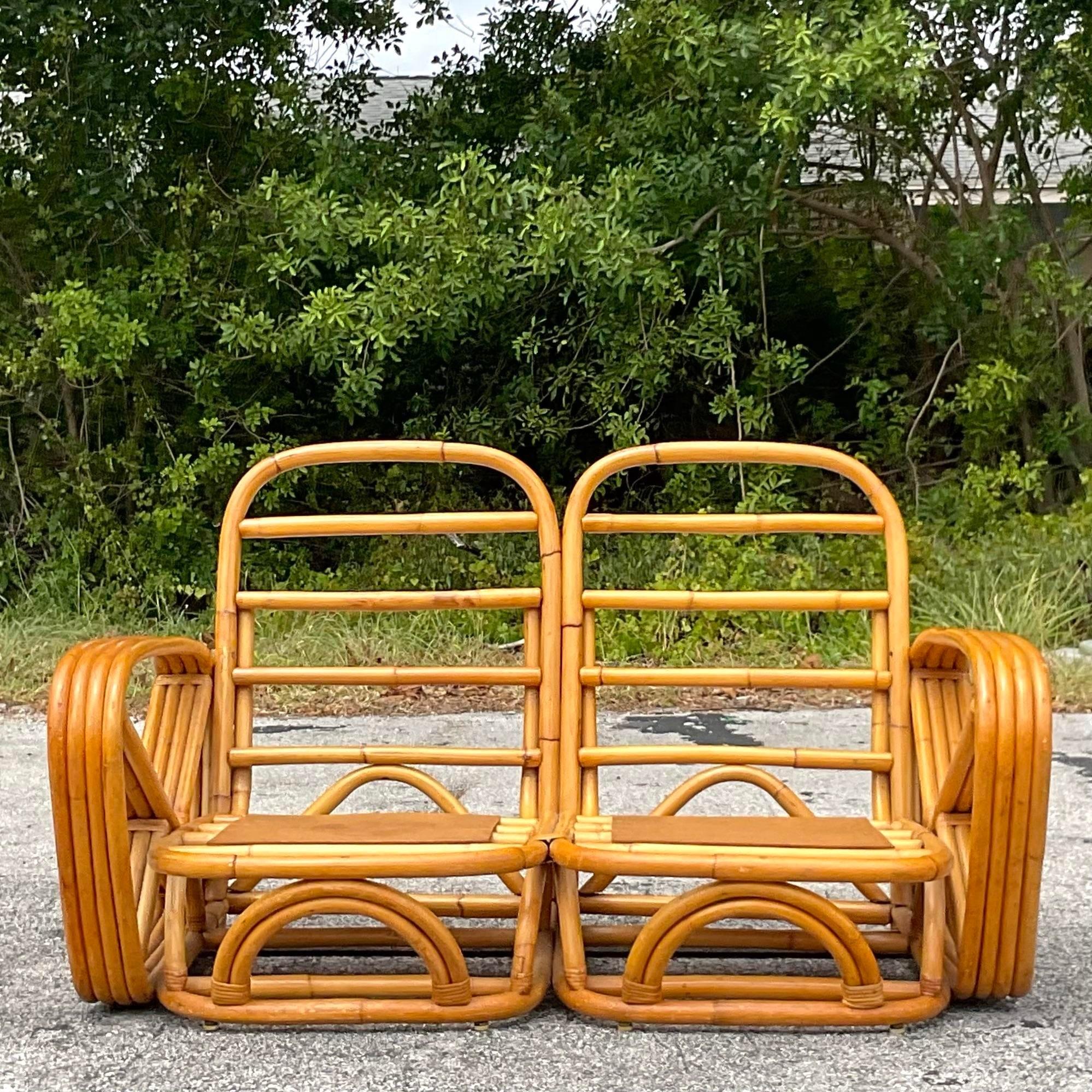 Tissu d'ameublement Loveseat Coastal à quatre brins en rotin courbé d'après Frankl en vente