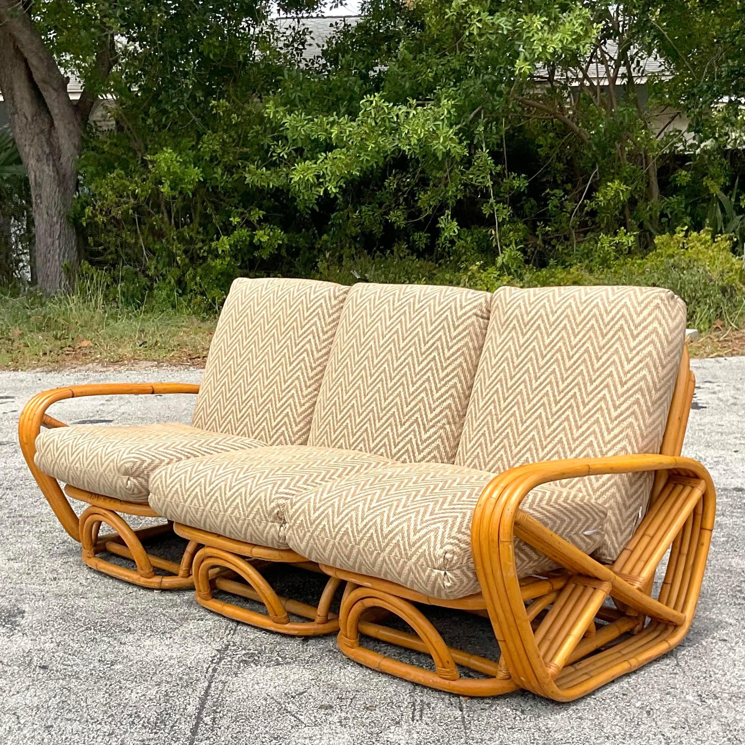 Vintage Coastal Four Strand Bent Rattan Sofa After Frankl For Sale 3