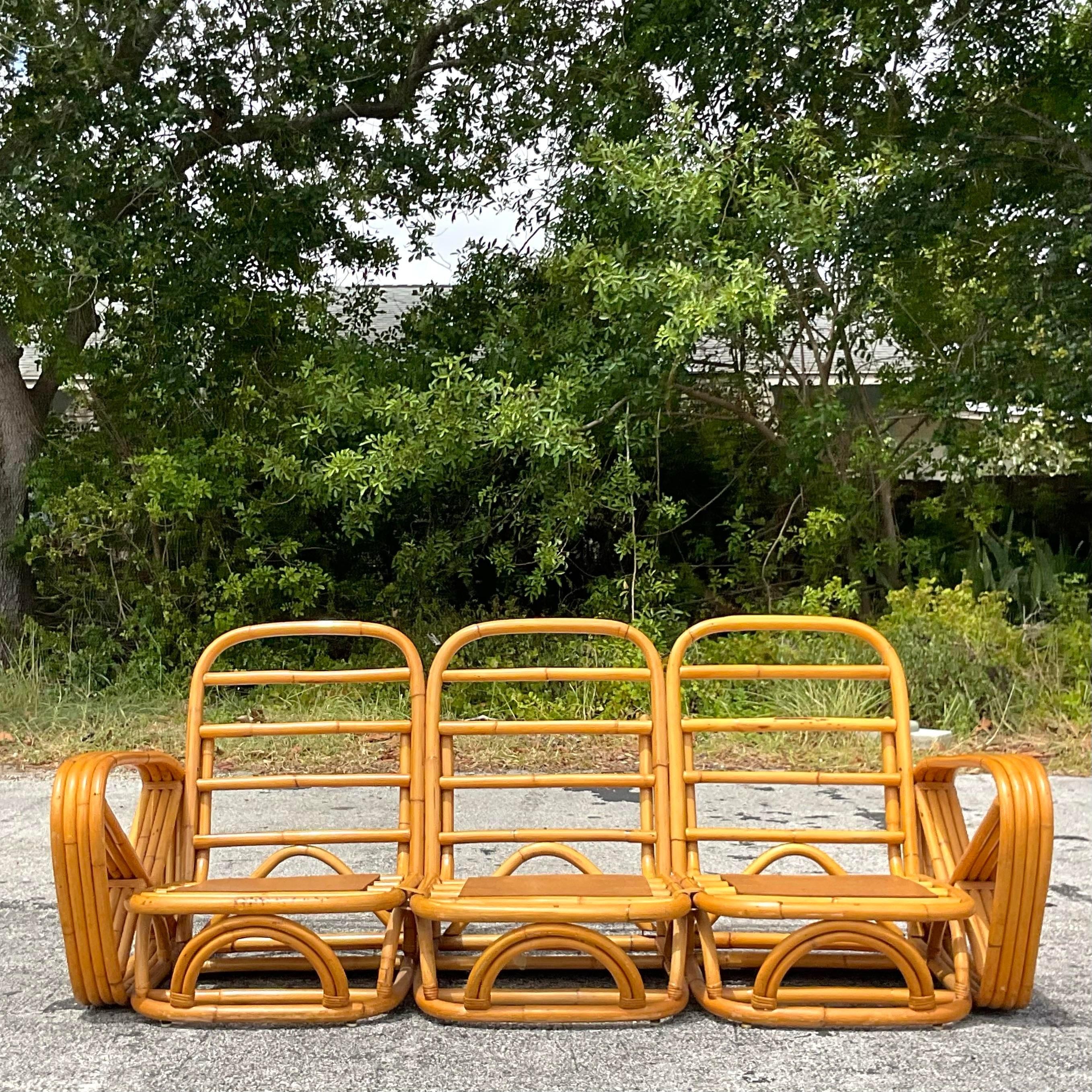 Philippine Vintage Coastal Four Strand Bent Rattan Sofa After Frankl For Sale