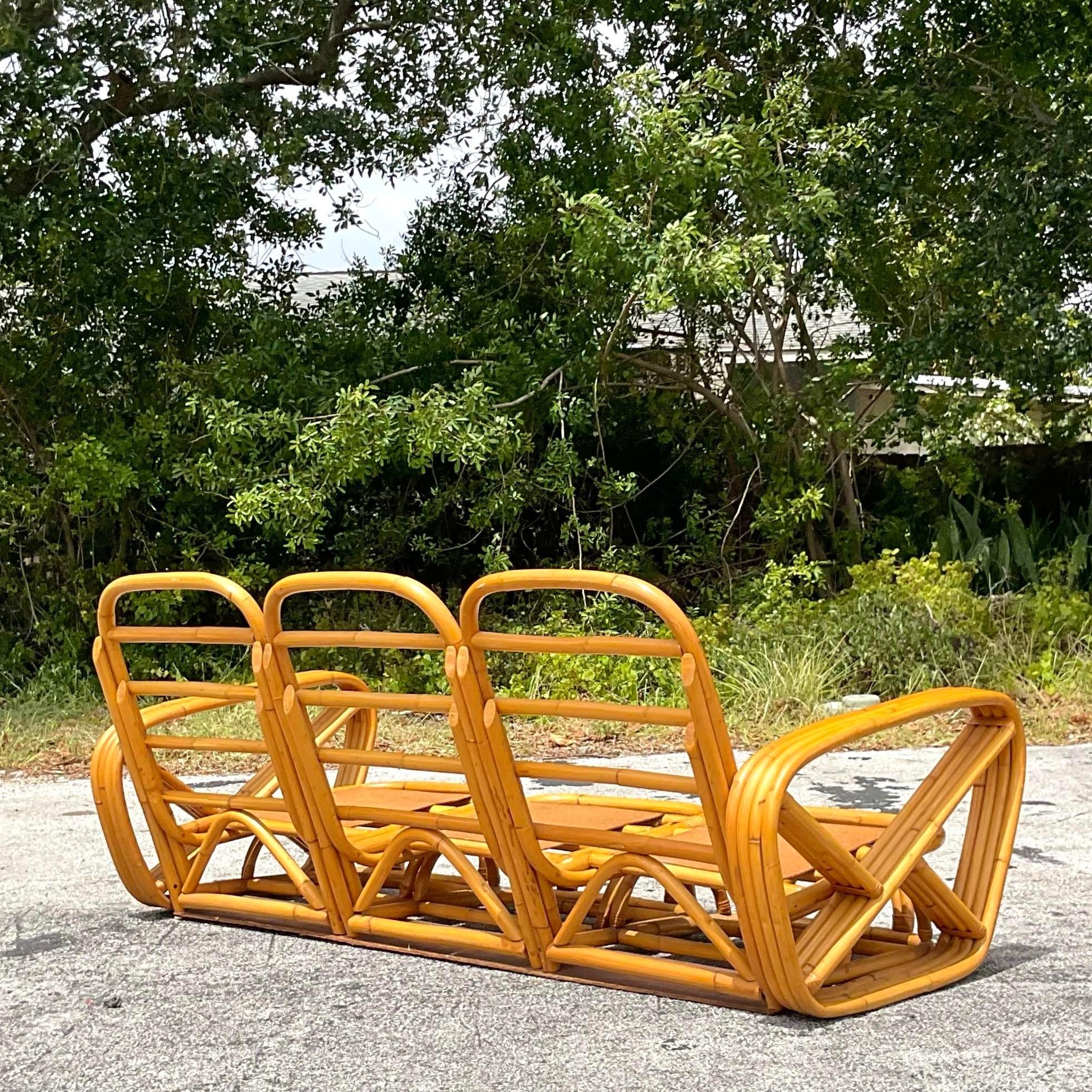 Vintage Coastal Four Strand Bent Rattan Sofa After Frankl In Good Condition For Sale In west palm beach, FL