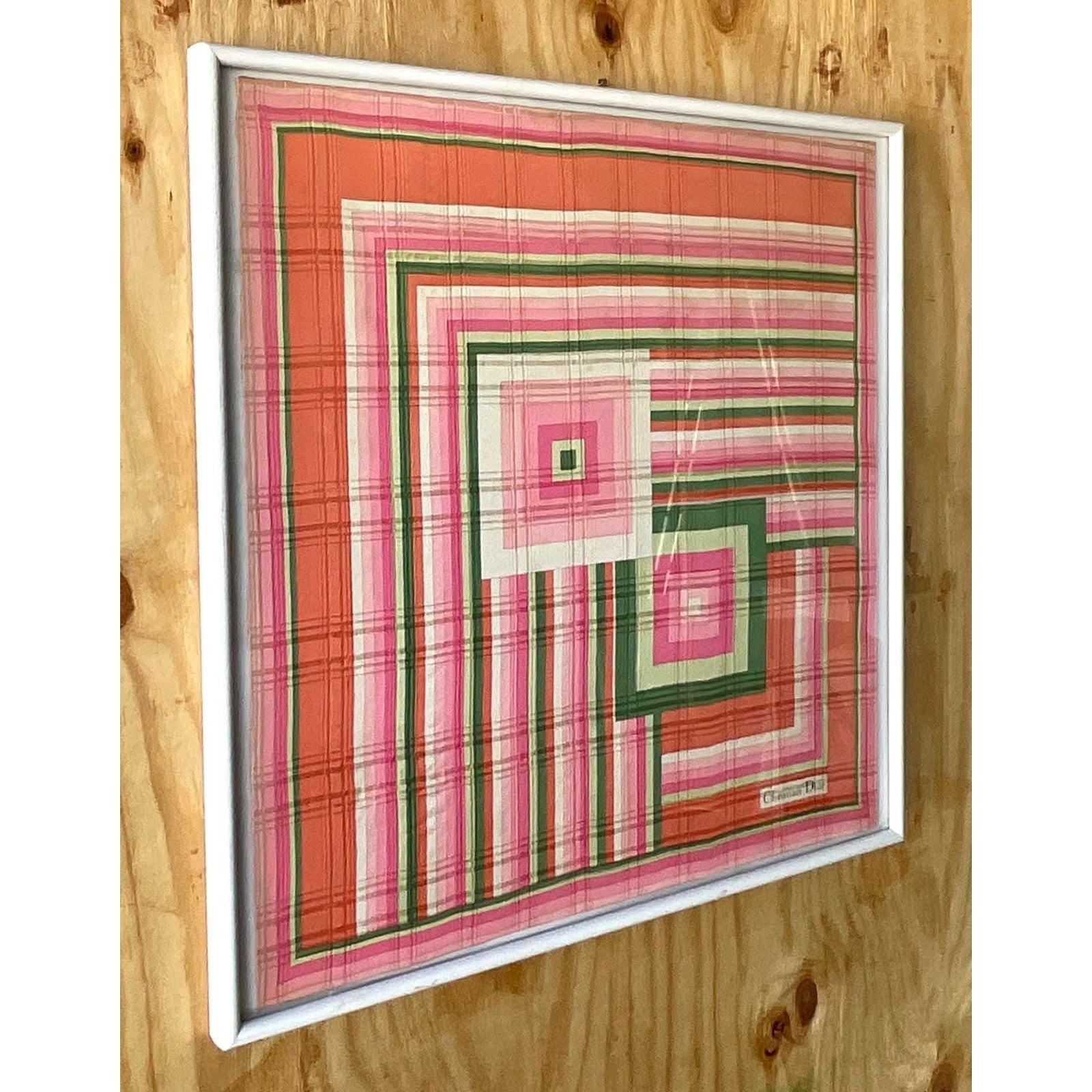 A fabulous vintage framed vintage scarf. A chic Christian Dior from the. 50s. Beautiful colors in pink and green. Signed on the scarf. Acquired from a Palm Beach estate.

The scarf is in great vintage condition scuffs and blemishes appropriate to