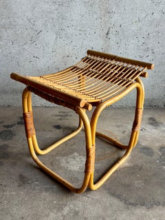Vintage Coastal Franco Albini Style Rattan and Cane Stool, 1960s, Italy