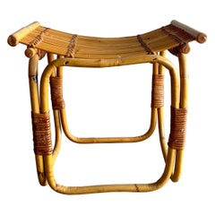 Vintage Coastal Franco Albini Style Rattan and Cane Stool, 1960s, Italy