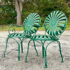 Vintage Coastal Francois Carre Sunburst Wrought Iron Chairs - a Pair