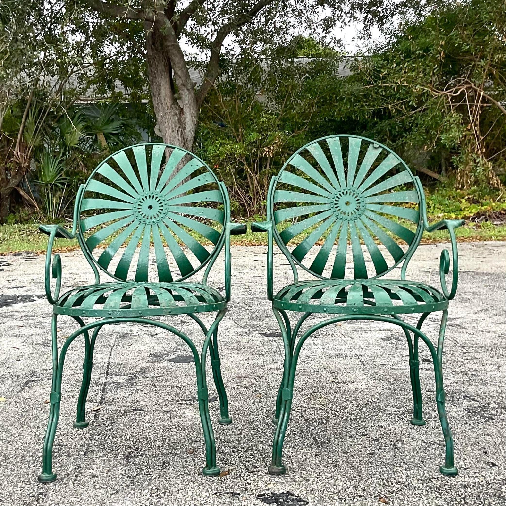 American Vintage Coastal Francois Carre Sunburst Wrought Iron Chairs - a Pair