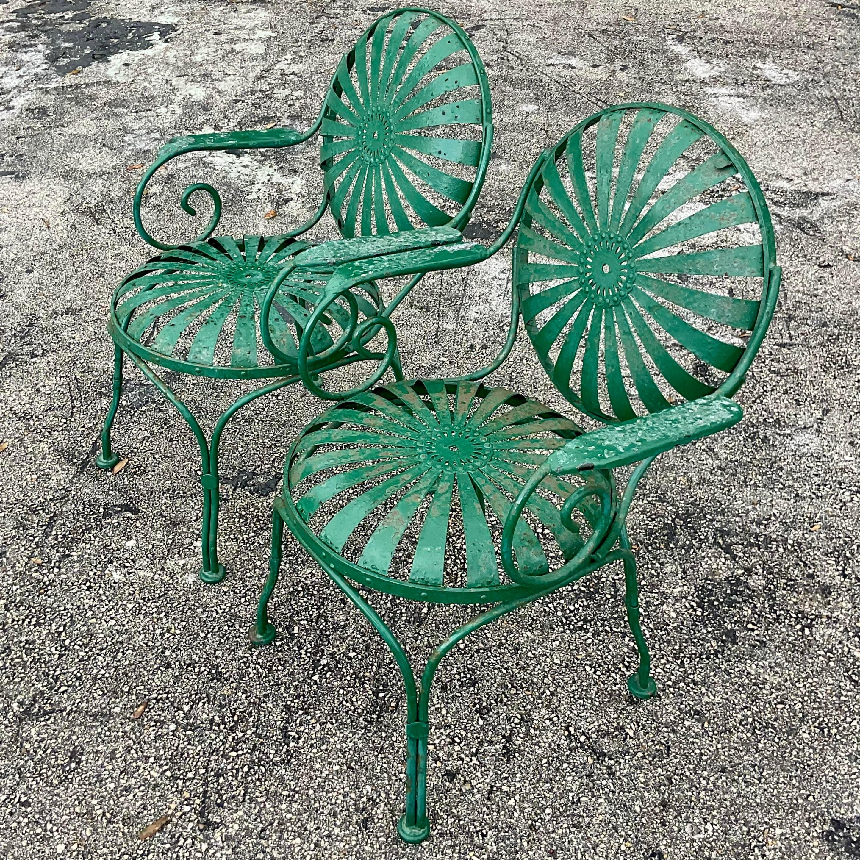 20th Century Vintage Coastal Francois Carre Sunburst Wrought Iron Chairs - a Pair