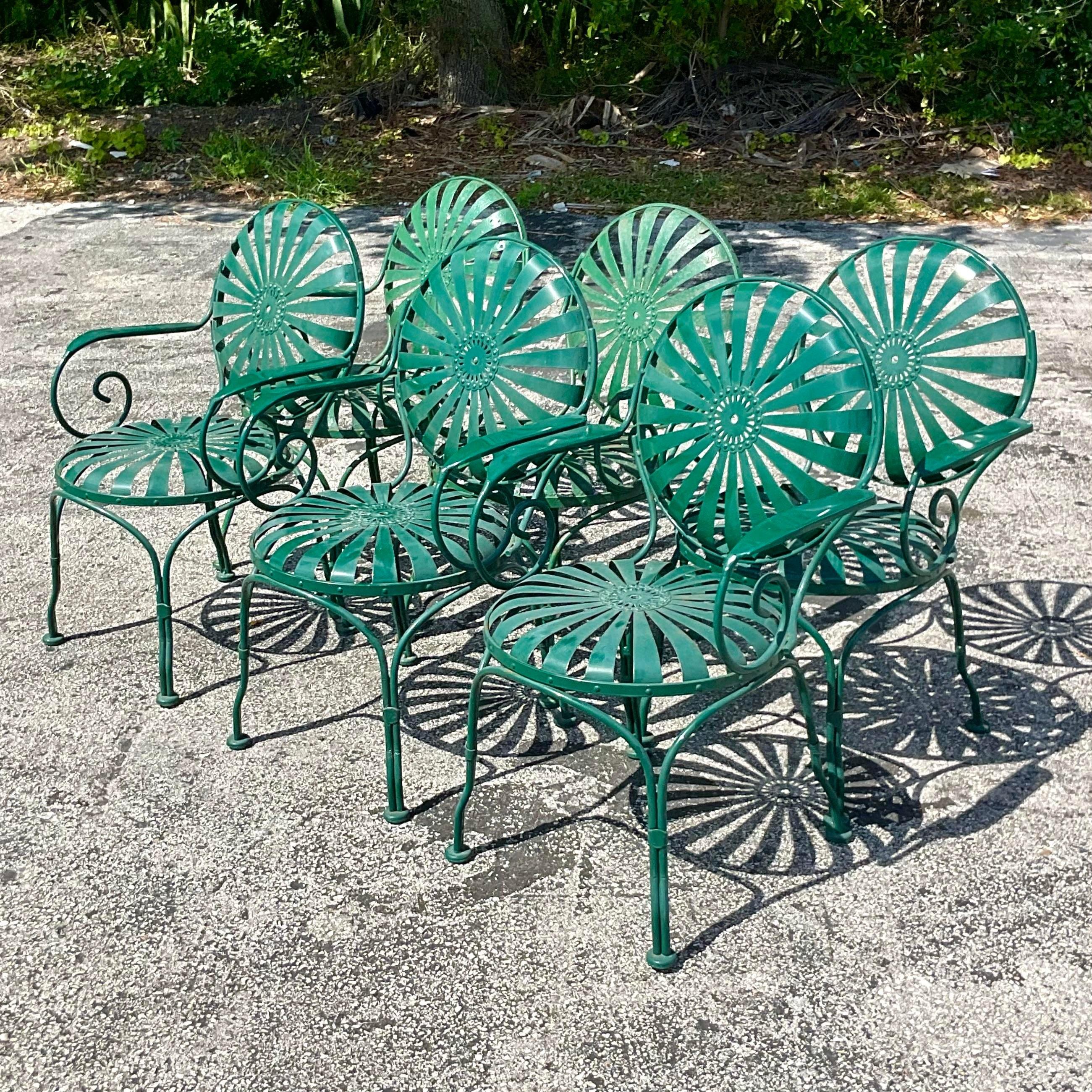 Mid-Century Modern Vintage Coastal Francois Carre Sunburst Wrought Iron Chairs - Set of 6