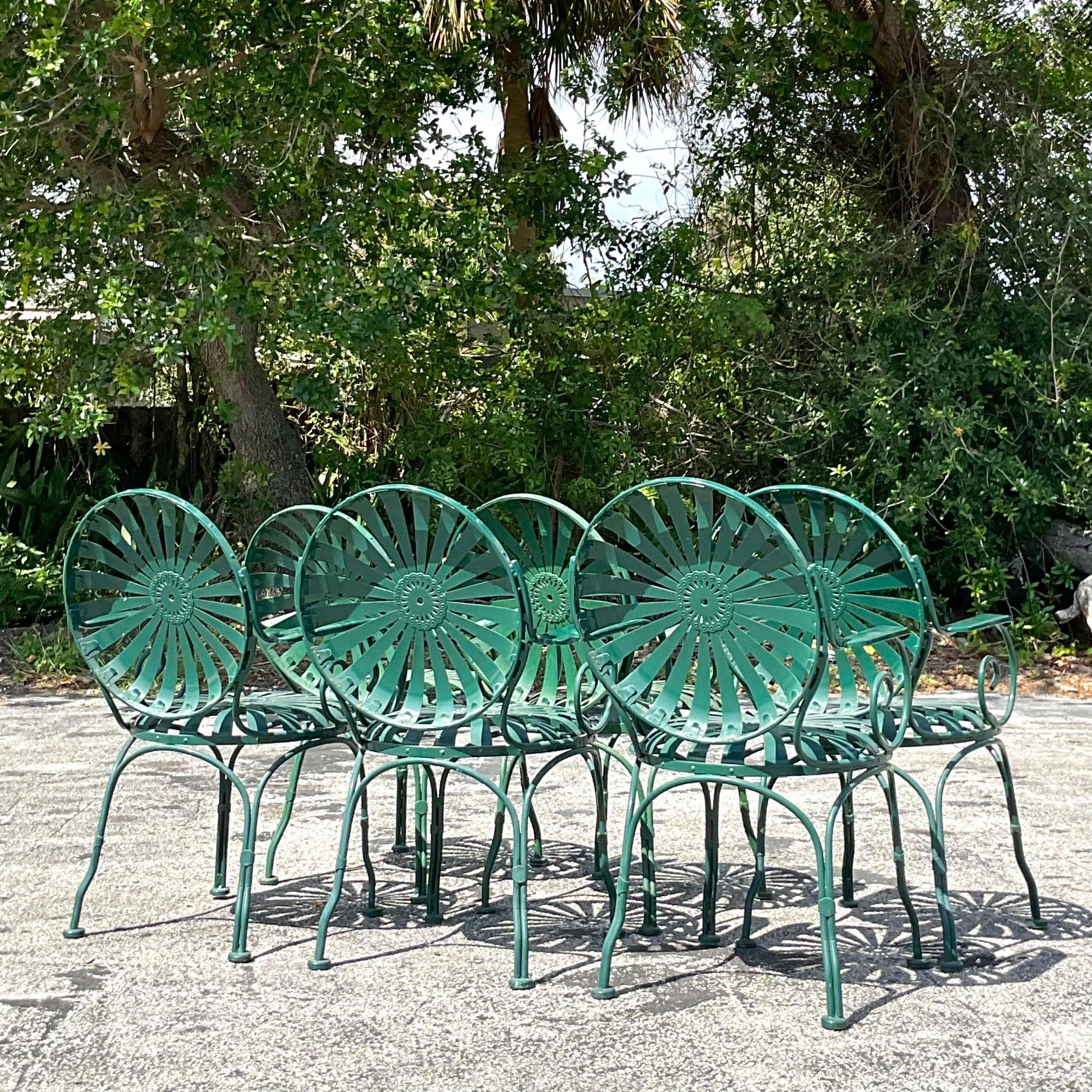 American Vintage Coastal Francois Carre Sunburst Wrought Iron Chairs - Set of 6