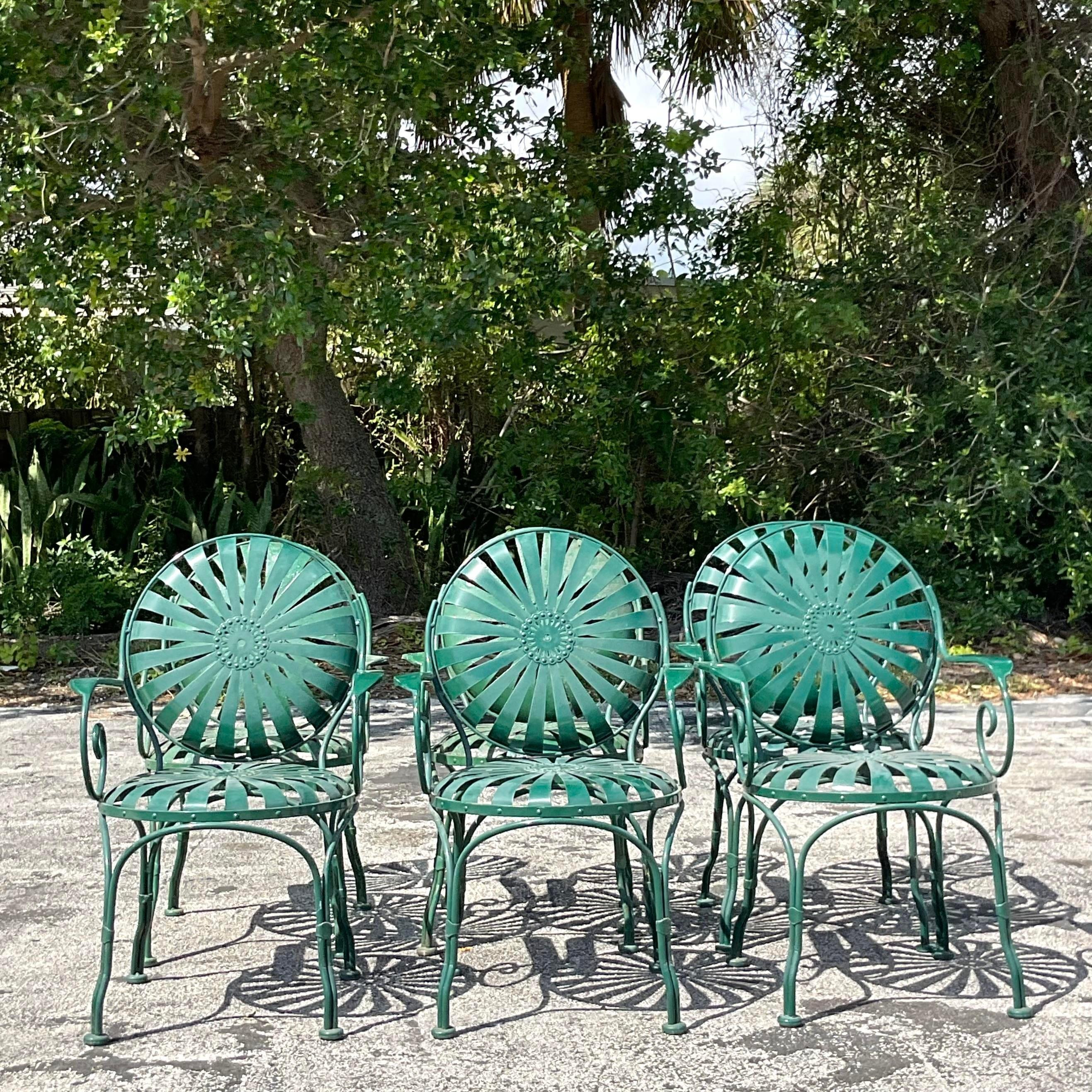 20th Century Vintage Coastal Francois Carre Sunburst Wrought Iron Chairs - Set of 6