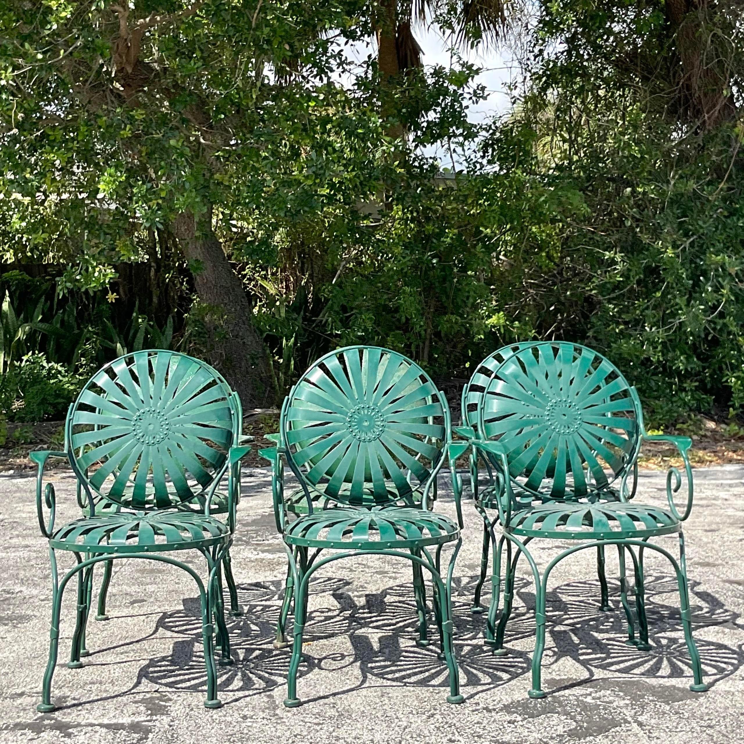 Vintage Coastal Francois Carre Sunburst Wrought Iron Chairs - Set of 6 1