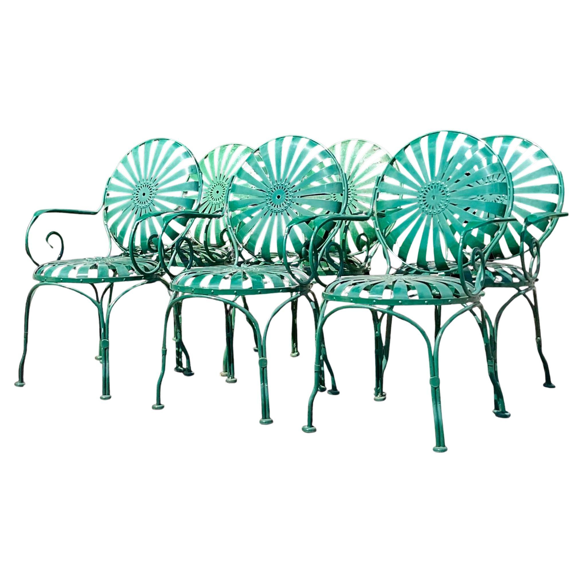 Vintage Coastal Francois Carre Sunburst Wrought Iron Chairs - Set of 6