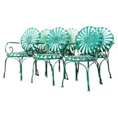 Vintage Coastal Francois Carre Sunburst Wrought Iron Chairs - Set of 6