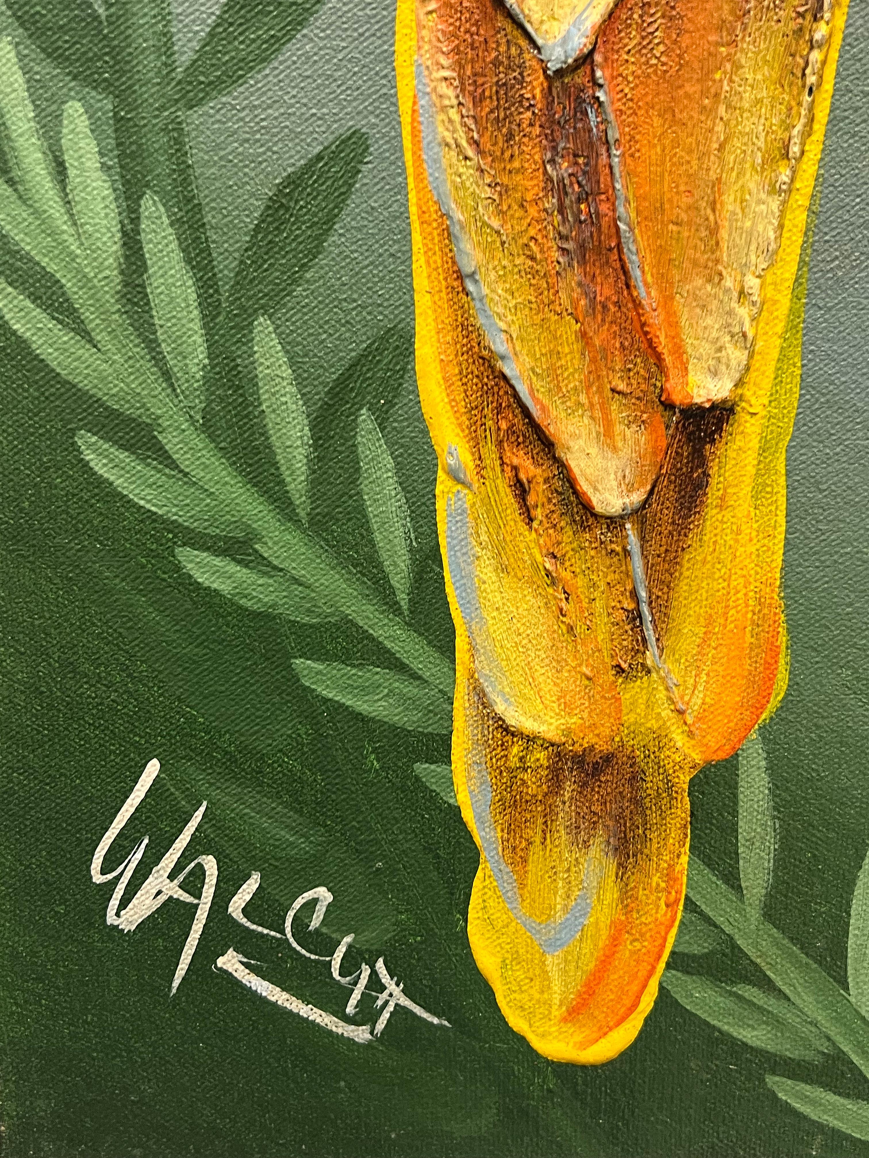 Pittura a olio su tela d'epoca costiera Frank Walcutt Tropical Parrots in vendita 5