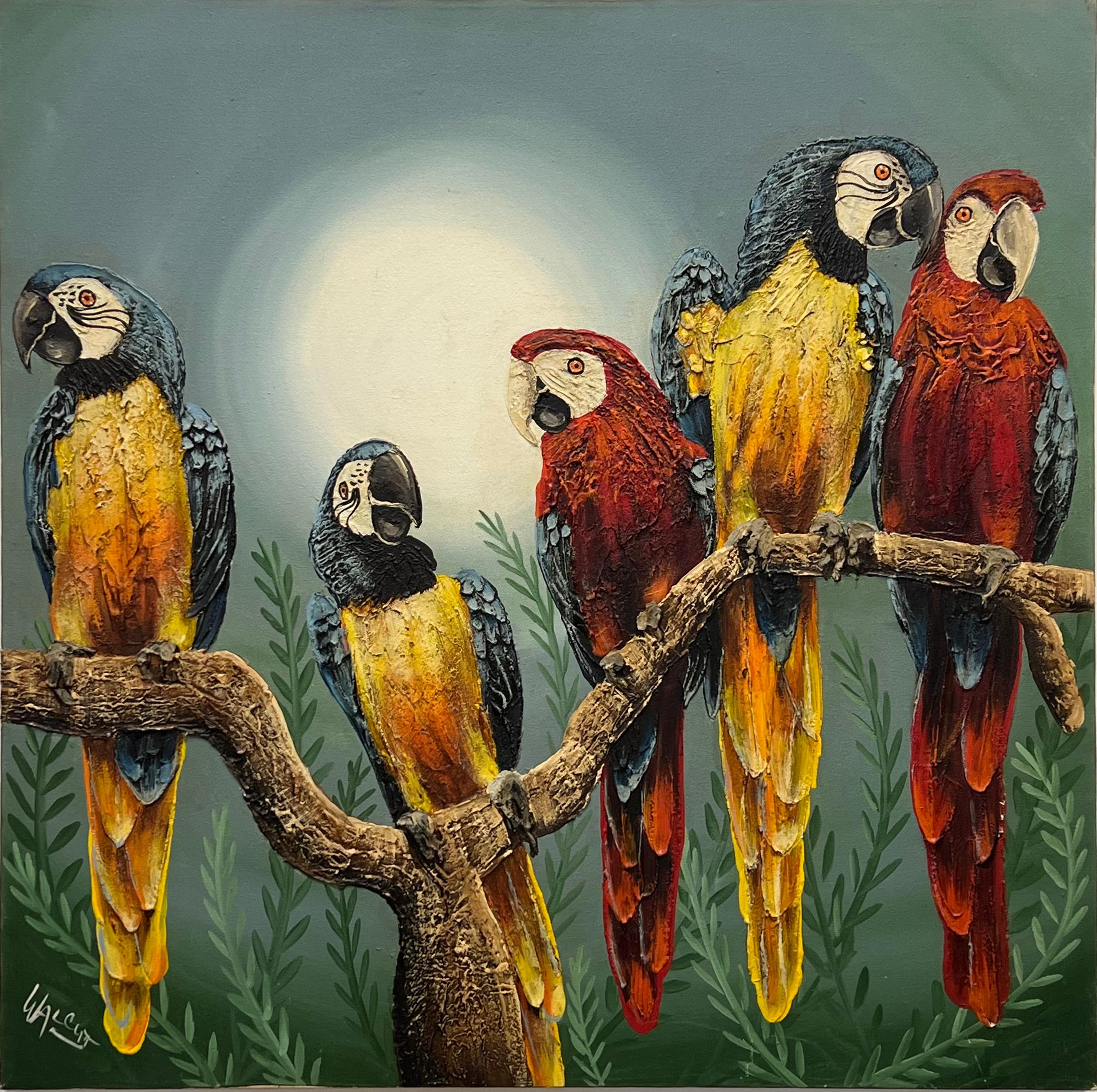 Pittura a olio su tela d'epoca costiera Frank Walcutt Tropical Parrots in vendita 6