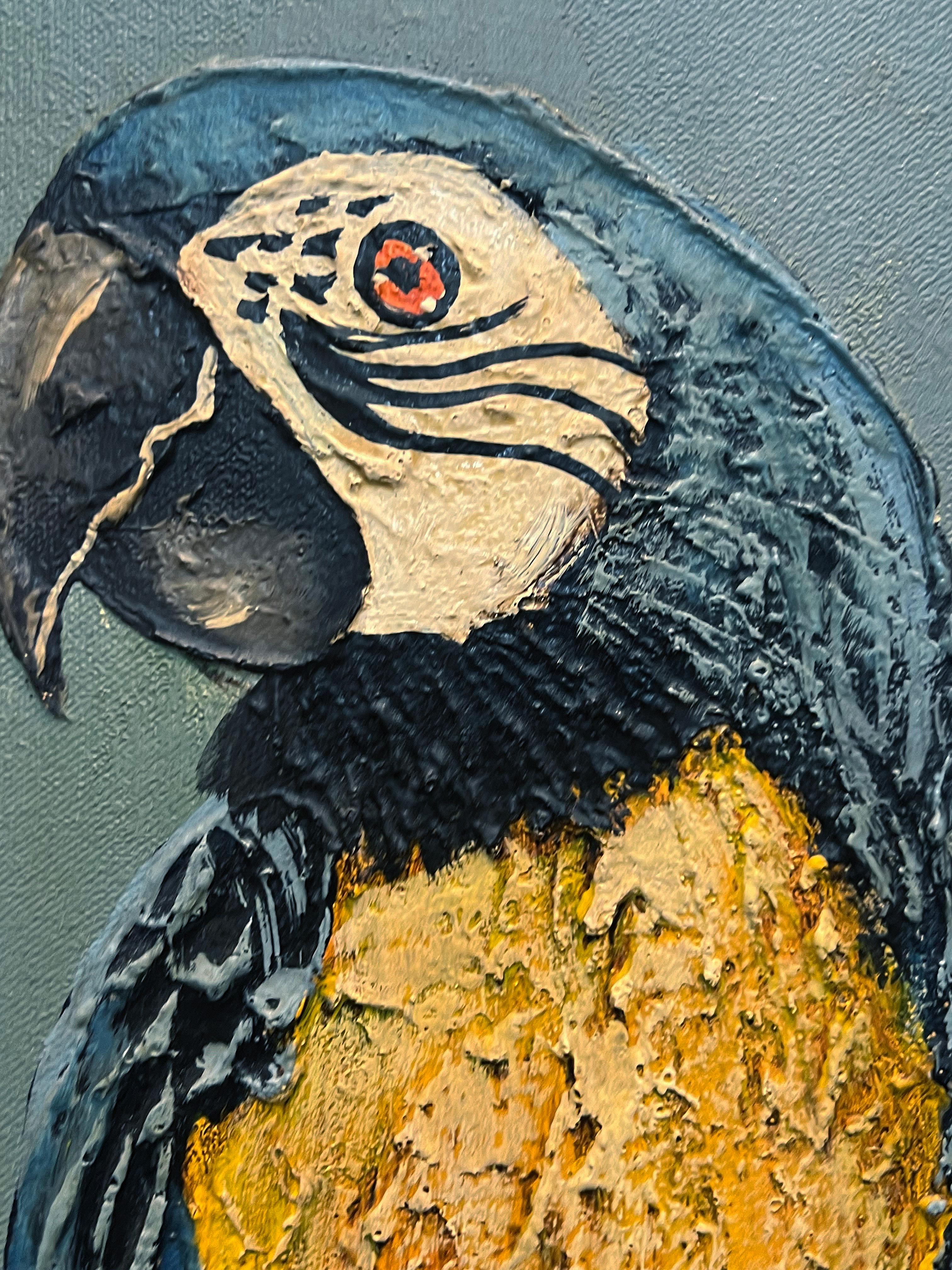 Pittura a olio su tela d'epoca costiera Frank Walcutt Tropical Parrots

In vendita un dipinto a olio d'epoca di un gruppo di pappagalli su tela dell'artista Frank Walcutt. I pappagalli sono dipinti con colori vivaci e l'artista ha incorporato