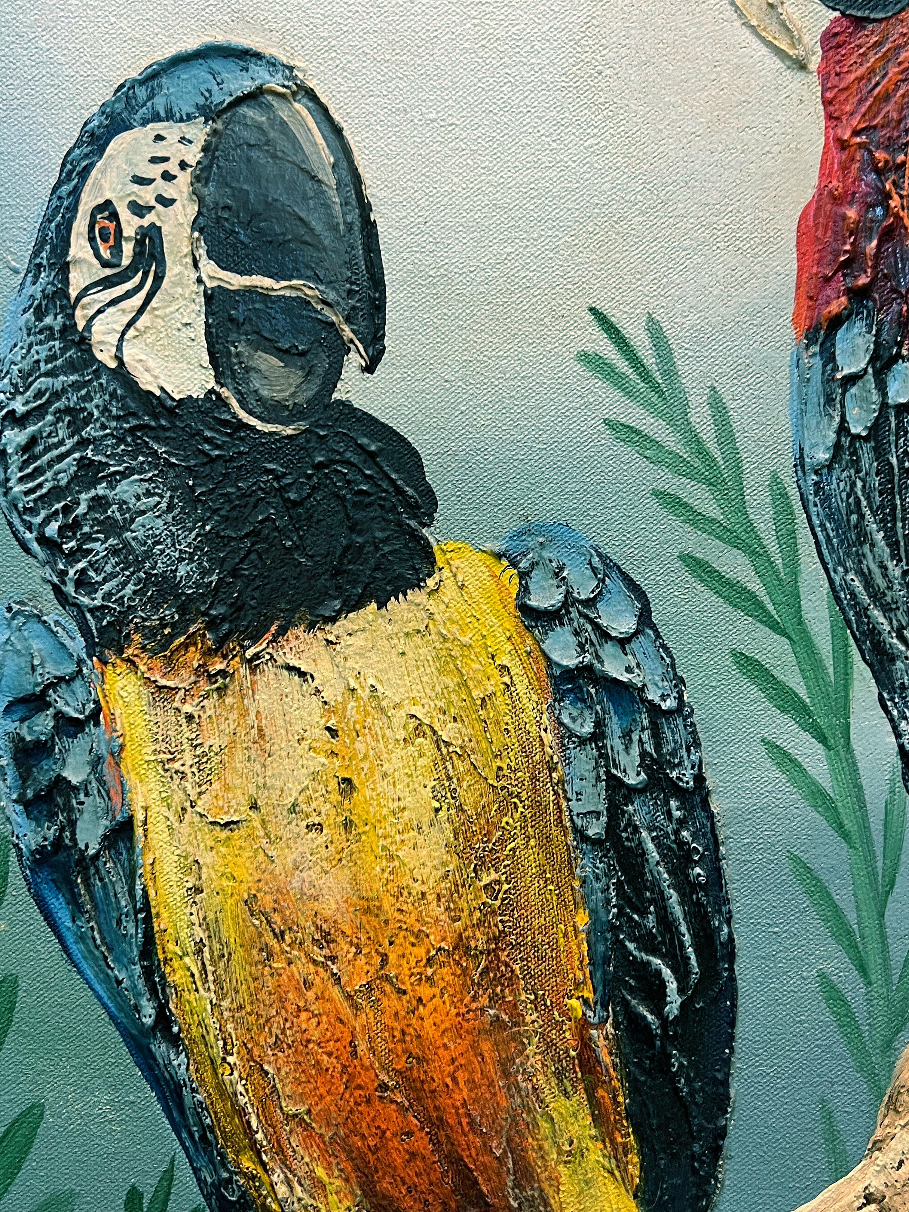 Americano Pittura a olio su tela d'epoca costiera Frank Walcutt Tropical Parrots in vendita