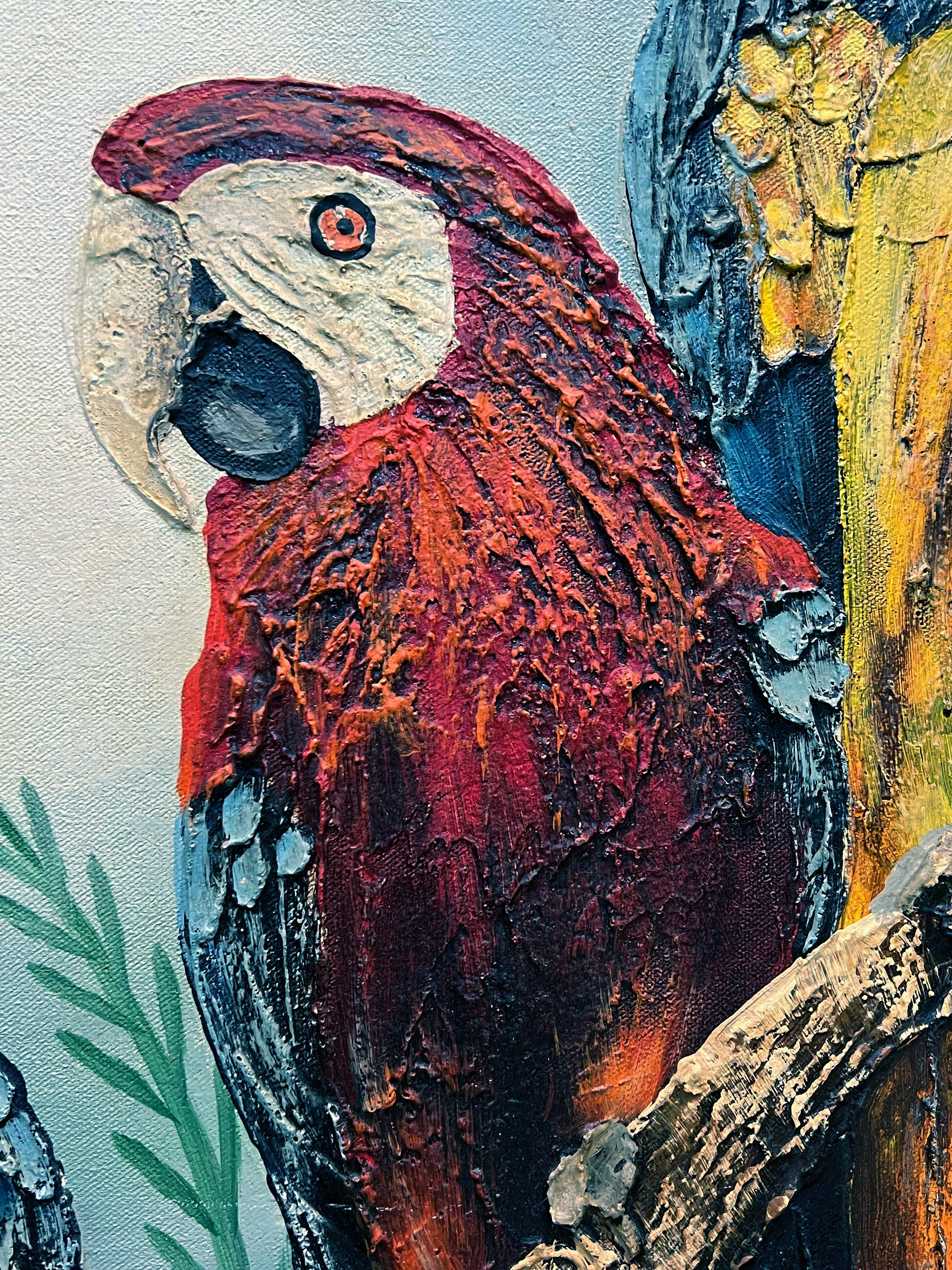Dipinto a mano Pittura a olio su tela d'epoca costiera Frank Walcutt Tropical Parrots in vendita