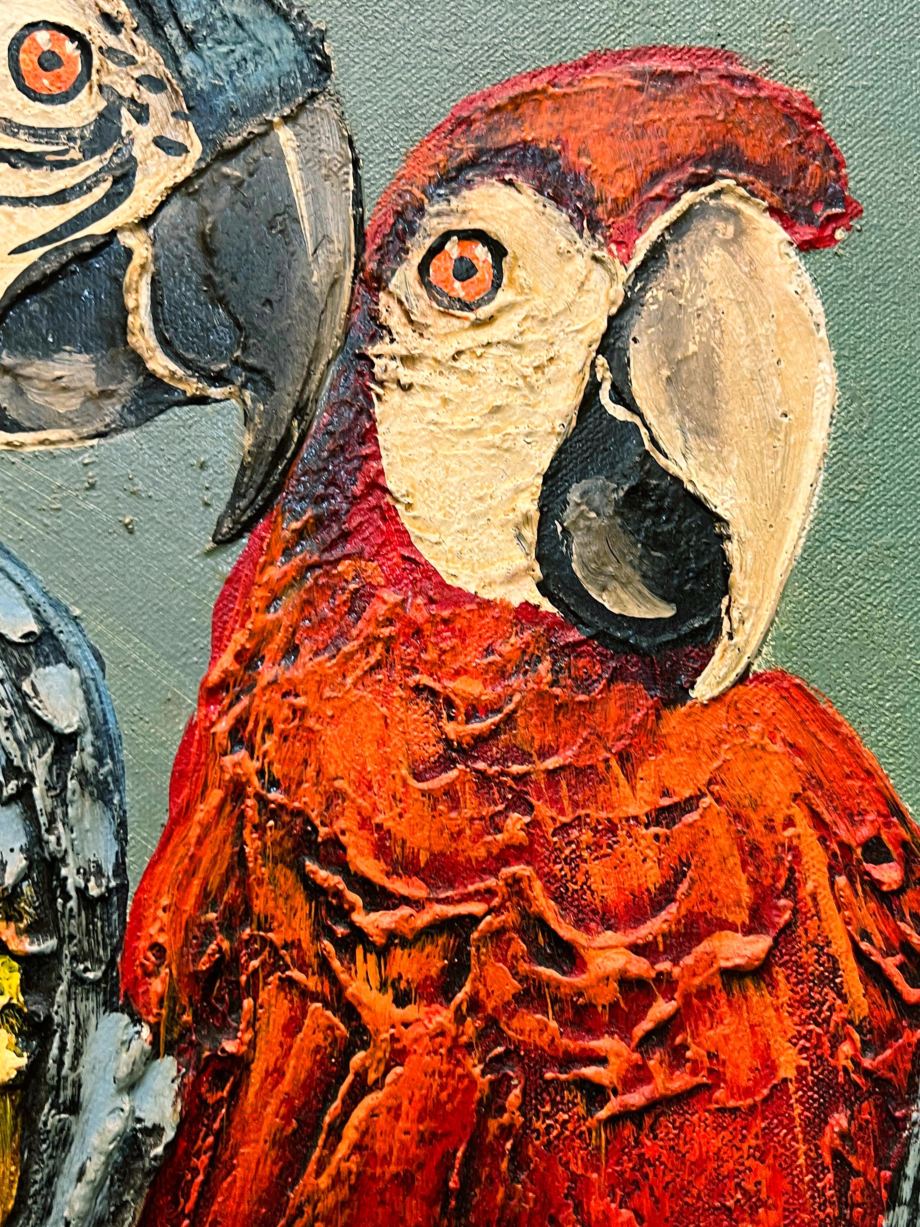 Pittura a olio su tela d'epoca costiera Frank Walcutt Tropical Parrots In condizioni buone in vendita a Miami, FL