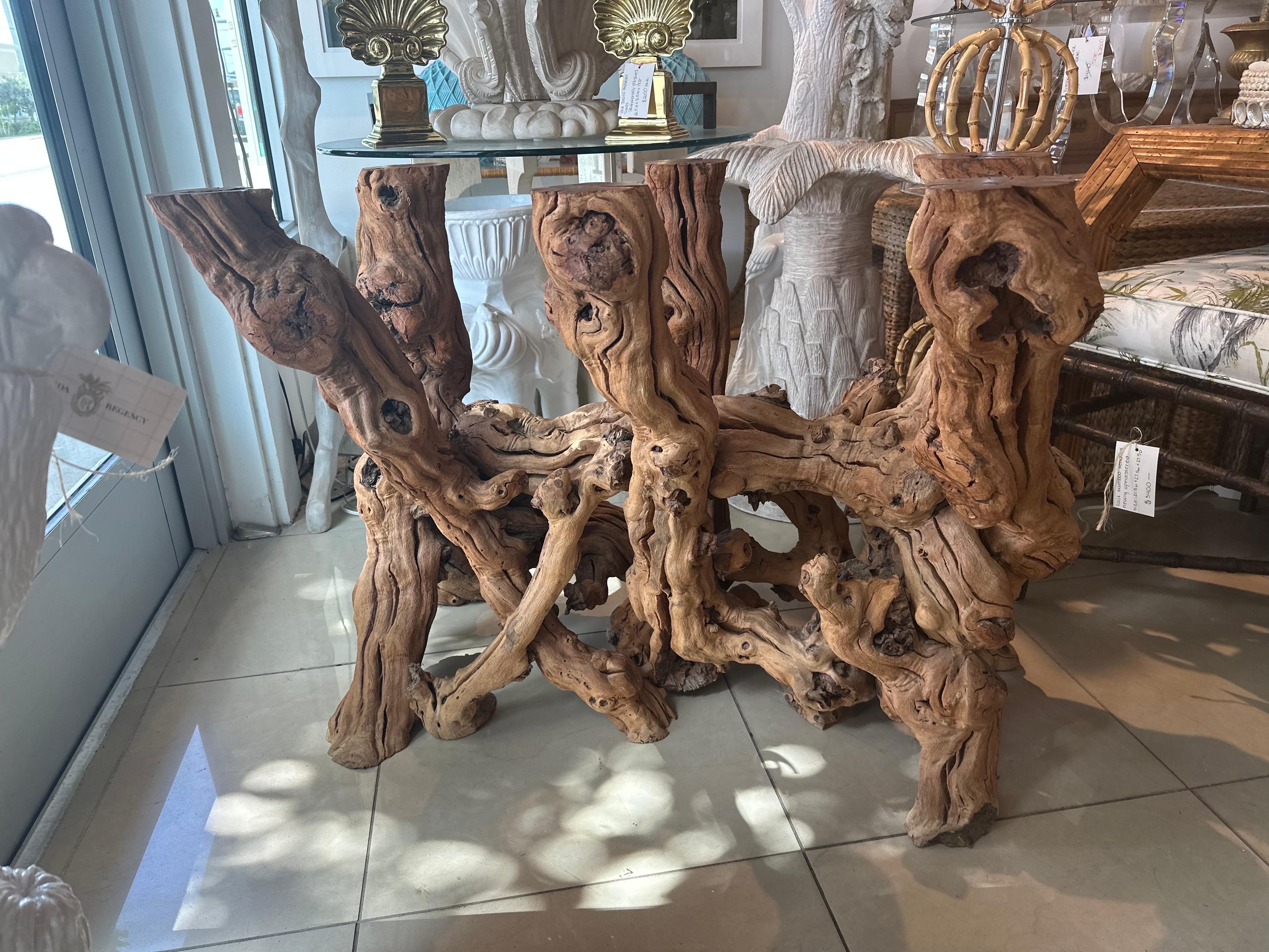 Vintage cypress driftwood mid century coastal Palm Beach dining table or console table base. Matching cocktail table available separately. Dimensions: 44 L x 21 D x 29 H. 