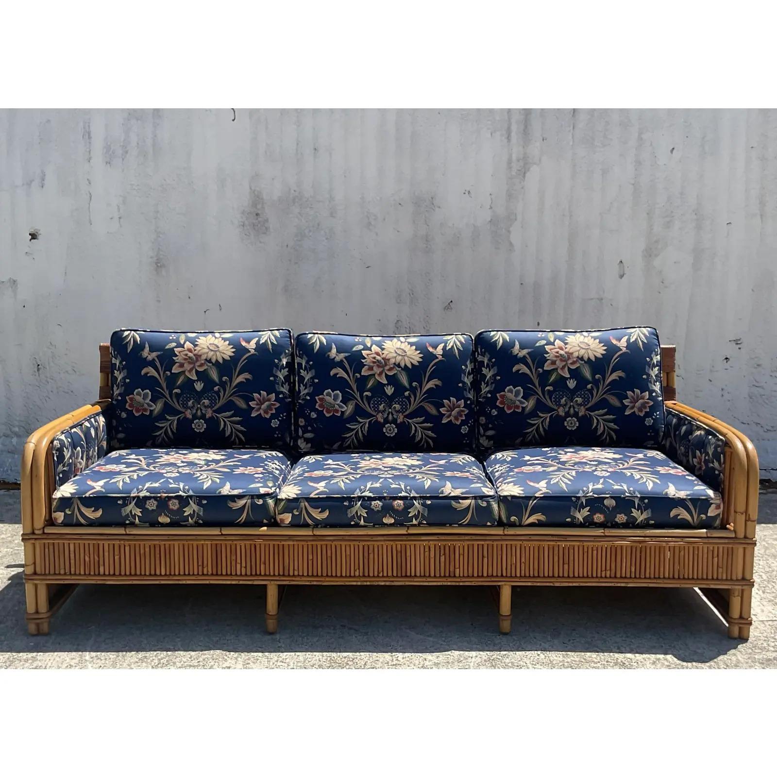 Vintage Coastal French Art Deco Pencil Reed Sofa In Good Condition In west palm beach, FL