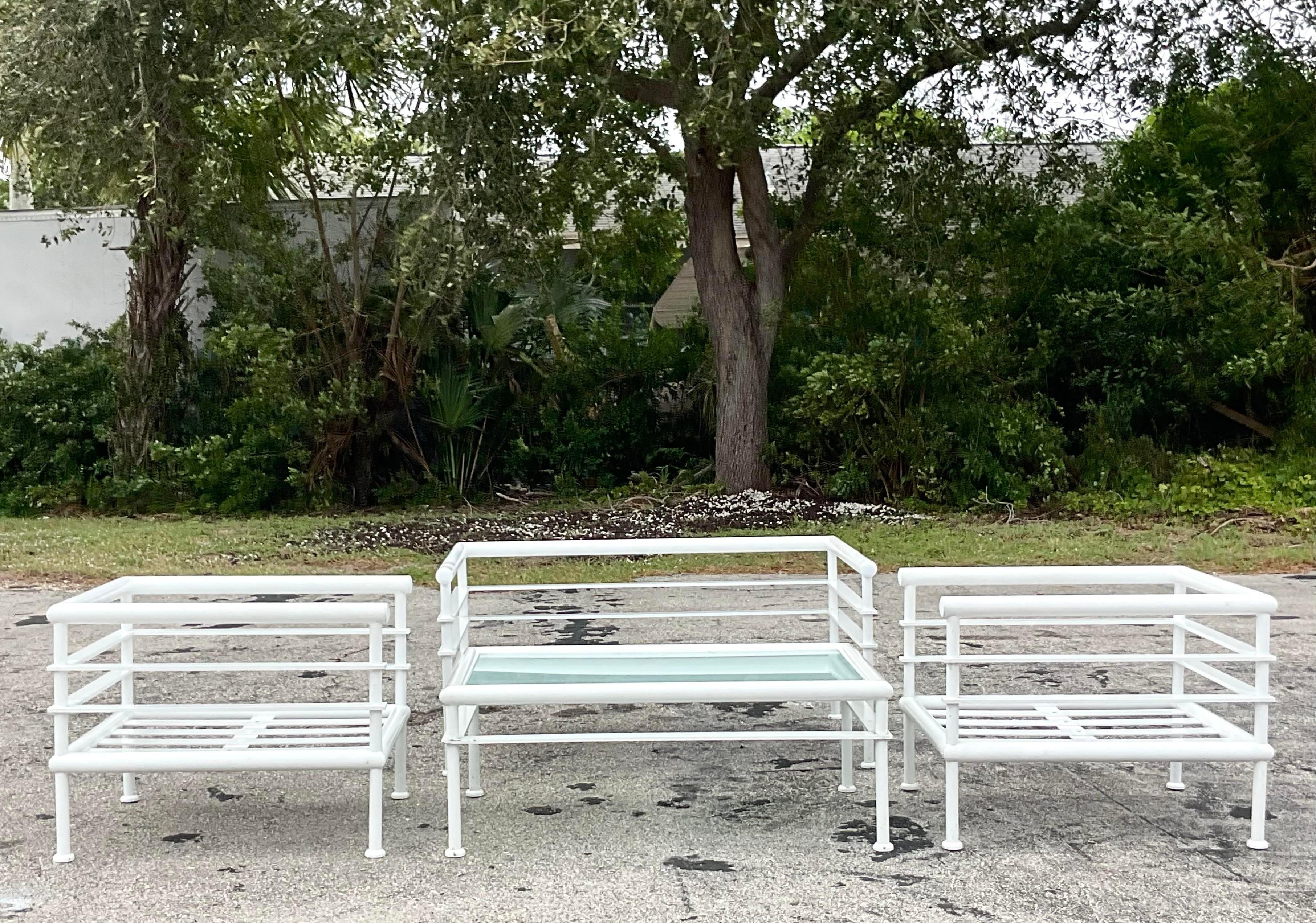 Vintage Coastal French Hugonet Aluminum Outdoor Table & Seating, 4 Pieces For Sale 6