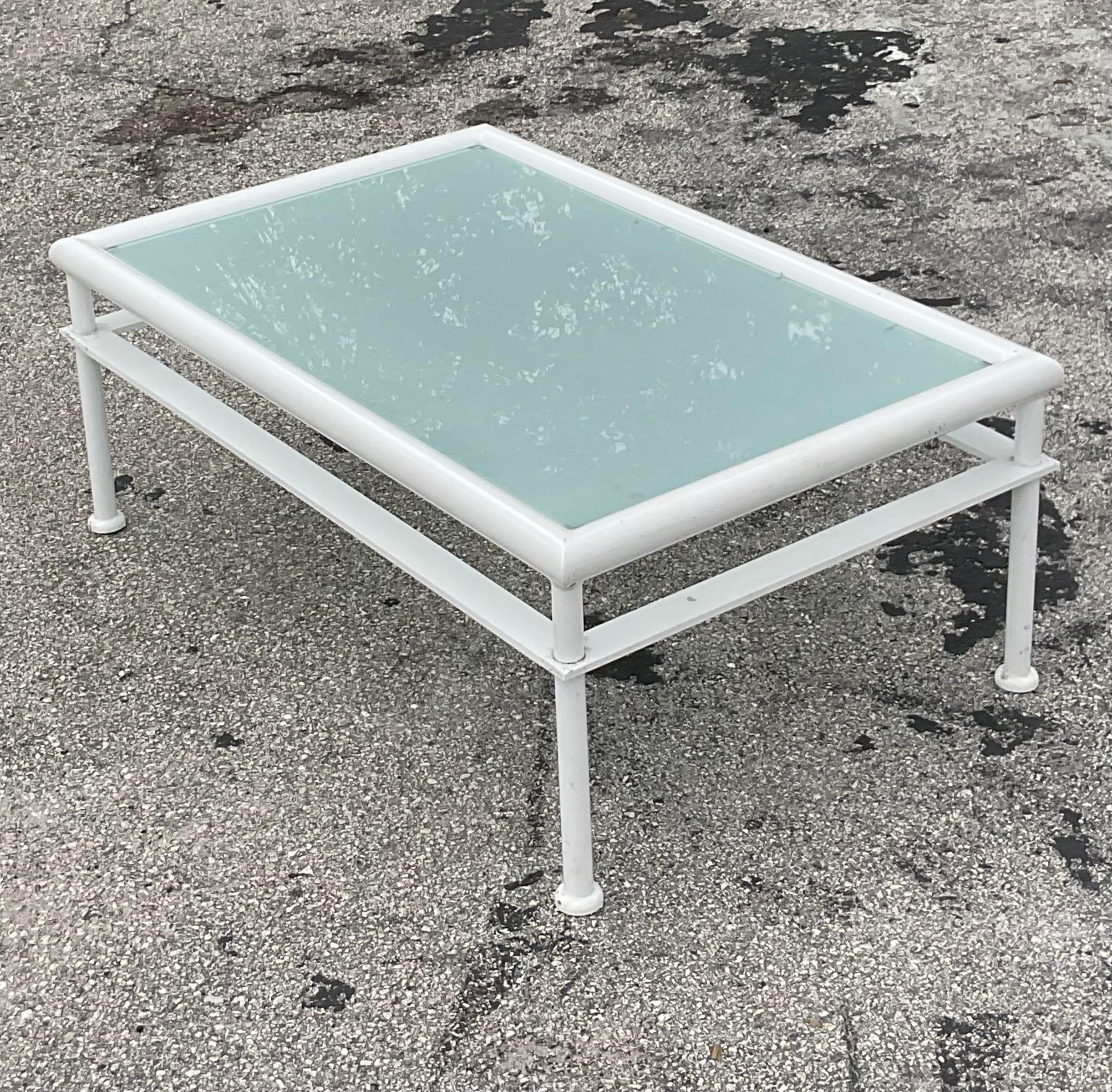 Vintage Coastal French Hugonet Aluminum Outdoor Table & Seating, 4 Pieces In Good Condition For Sale In west palm beach, FL