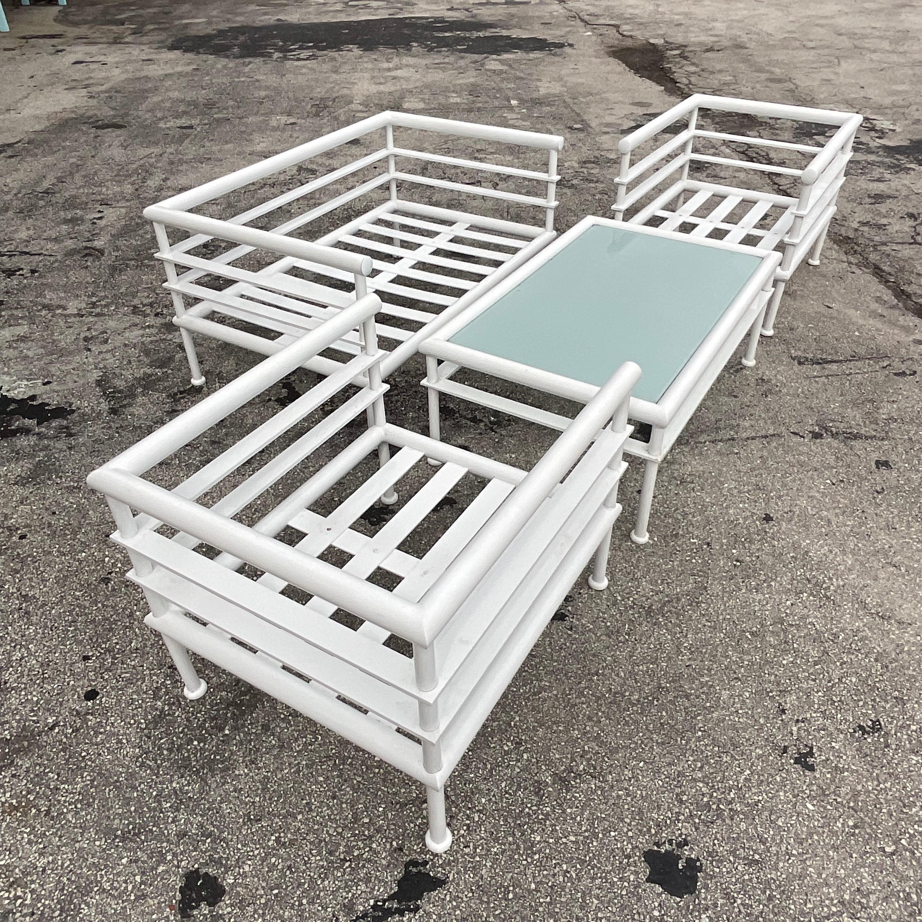 Vintage Coastal French Hugonet Aluminum Outdoor Table & Seating, 4 Pieces For Sale 3
