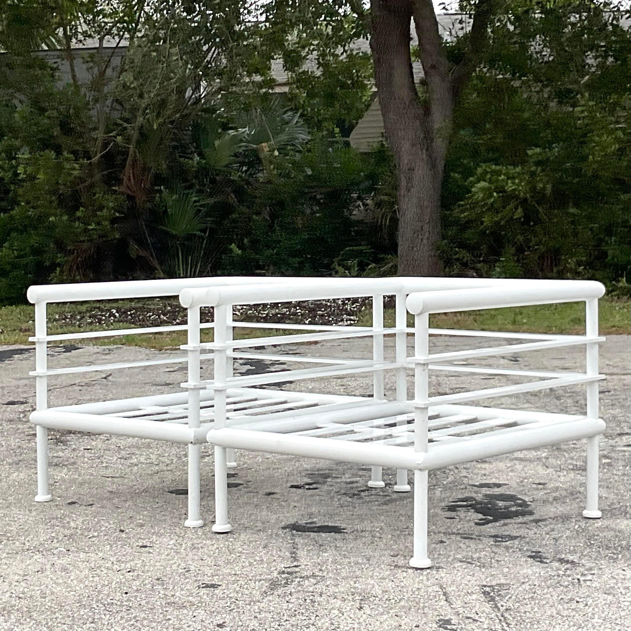 Vintage Coastal French Hugonet Aluminum Outdoor Table & Seating, 4 Pieces For Sale 4