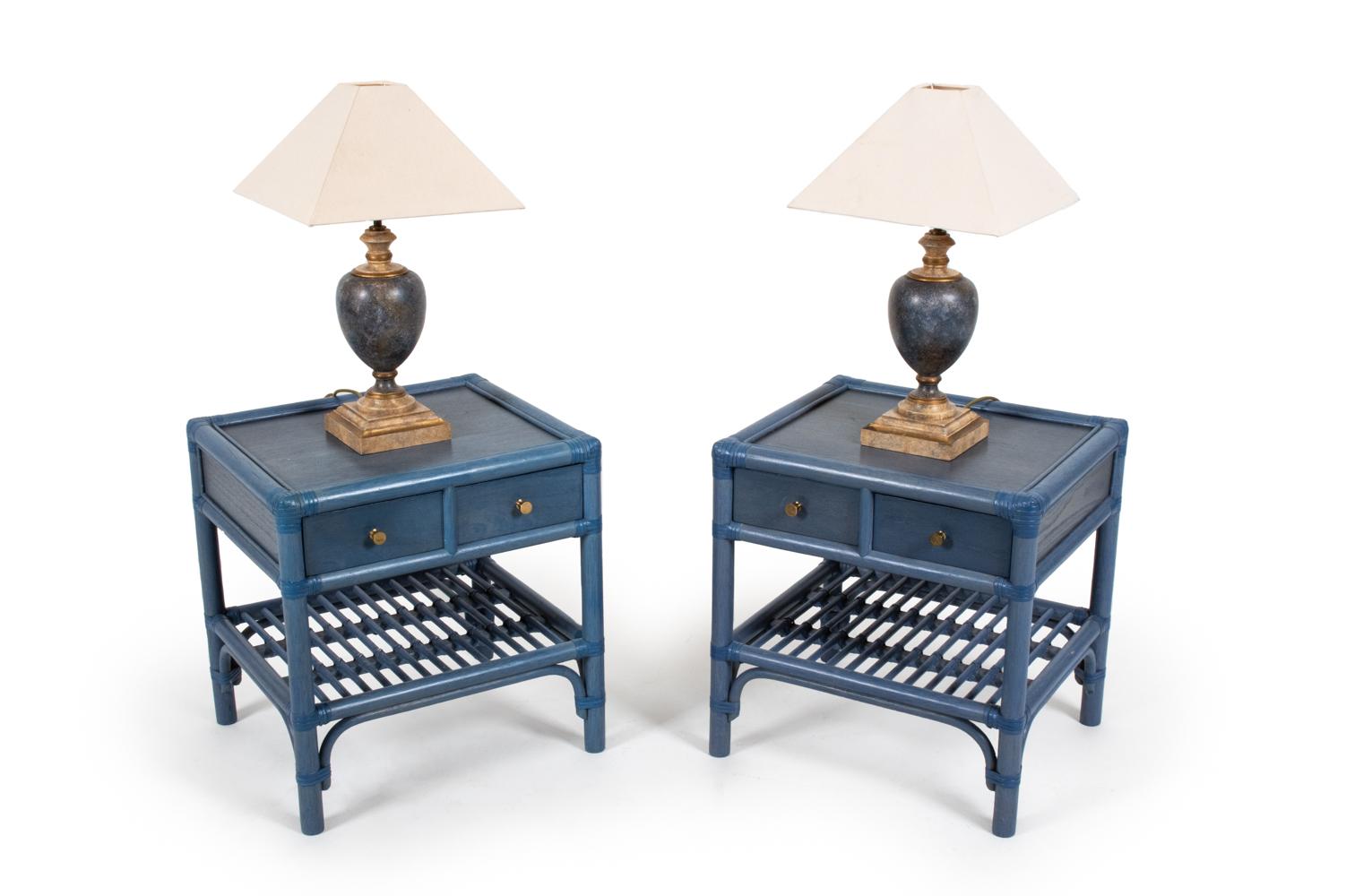Get a head start on your decorating with a full suite of coastal inspired furniture including a pair of bamboo and rattan nightstands or end tables in coastal blue stain, with two drawers, manufactured by Dux of Sweden, c. 1970's. Complementary to