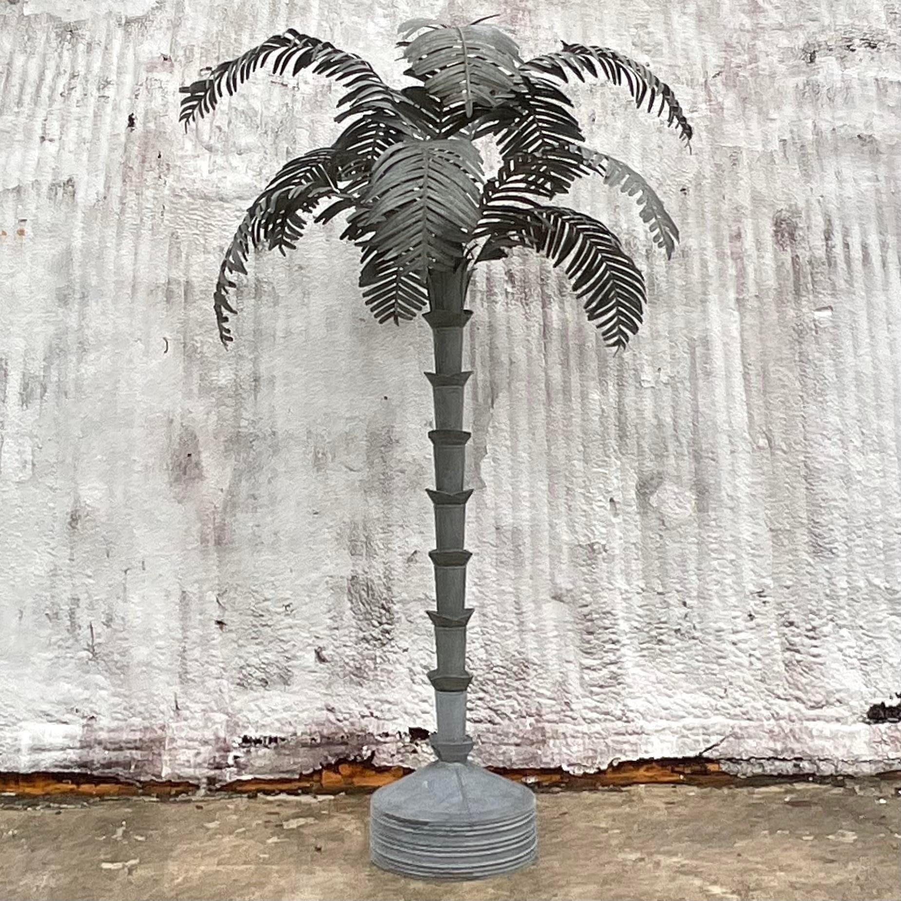 Vintage Coastal Galvanized Tin Palm Tree In Good Condition For Sale In west palm beach, FL