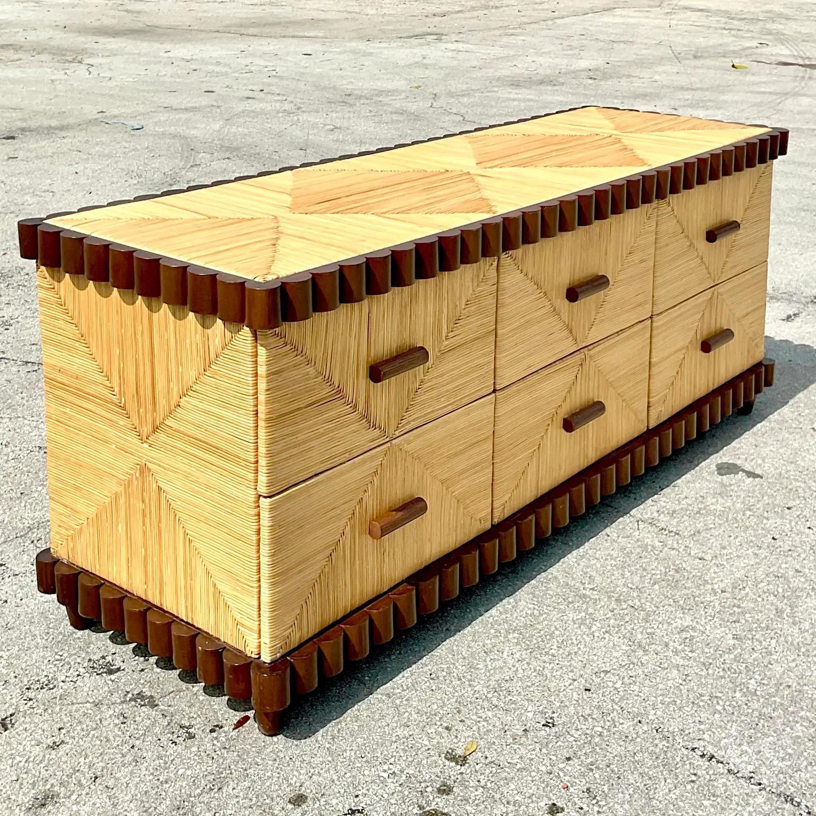 Incredible vintage 90s Coastal dresser. A chic geometric rush design with solid scalloped mahogany trim. A true work of art. Done in the manner of John Hutton for Donghia. Acquired from a Palm Beach estate.
