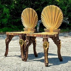 Vintage Coastal Gilt Carved Grotto Chairs - a Pair