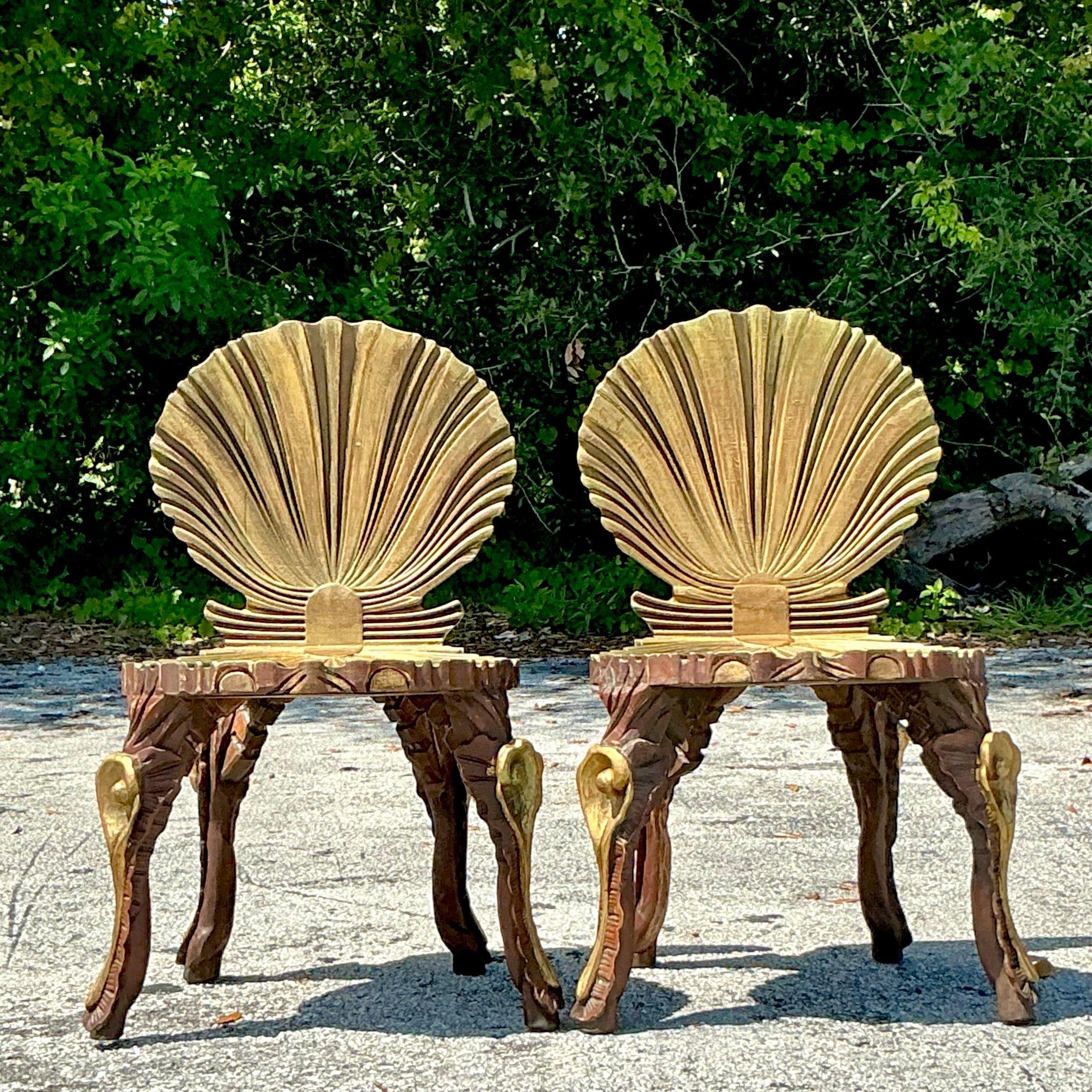 Italian Vintage Coastal Gilt Carved Grotto Chairs - a Pair