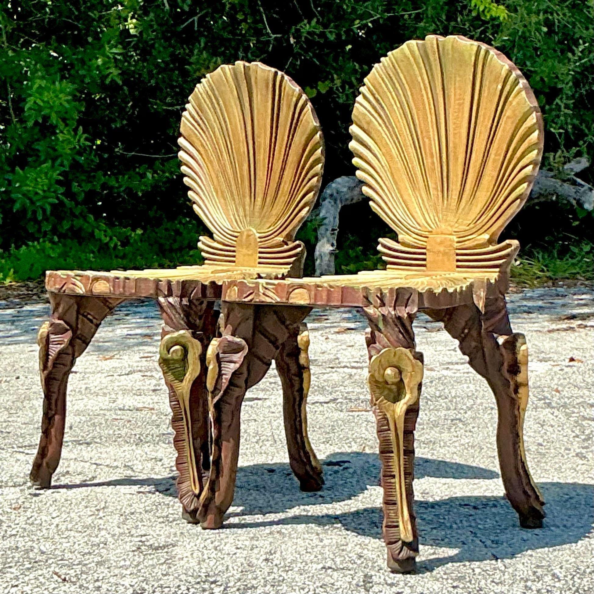 Vintage Coastal Gilt Carved Grotto Chairs - a Pair In Good Condition In West Palm Beach, FL