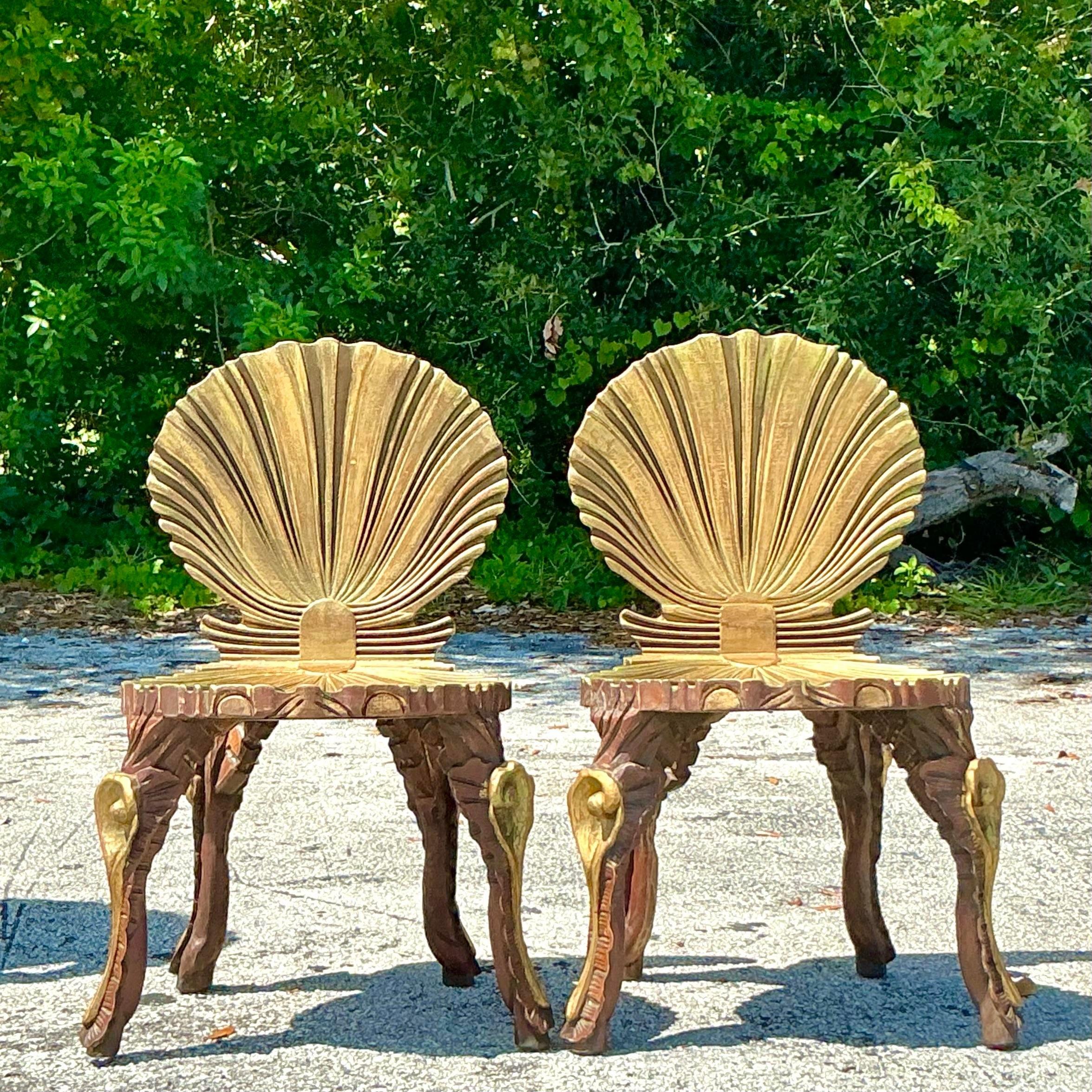 20th Century Vintage Coastal Gilt Carved Grotto Chairs - a Pair
