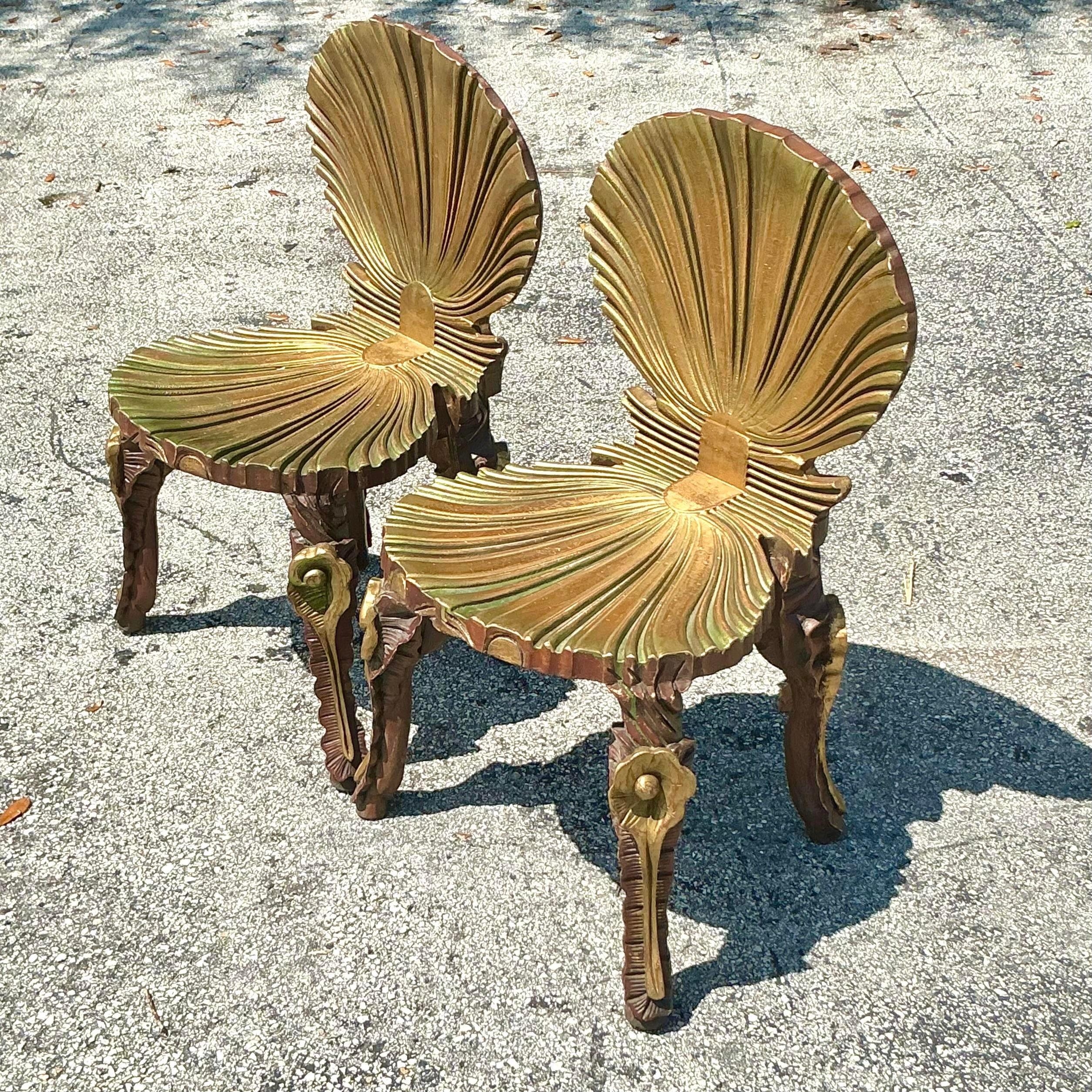 Wood Vintage Coastal Gilt Carved Grotto Chairs - a Pair