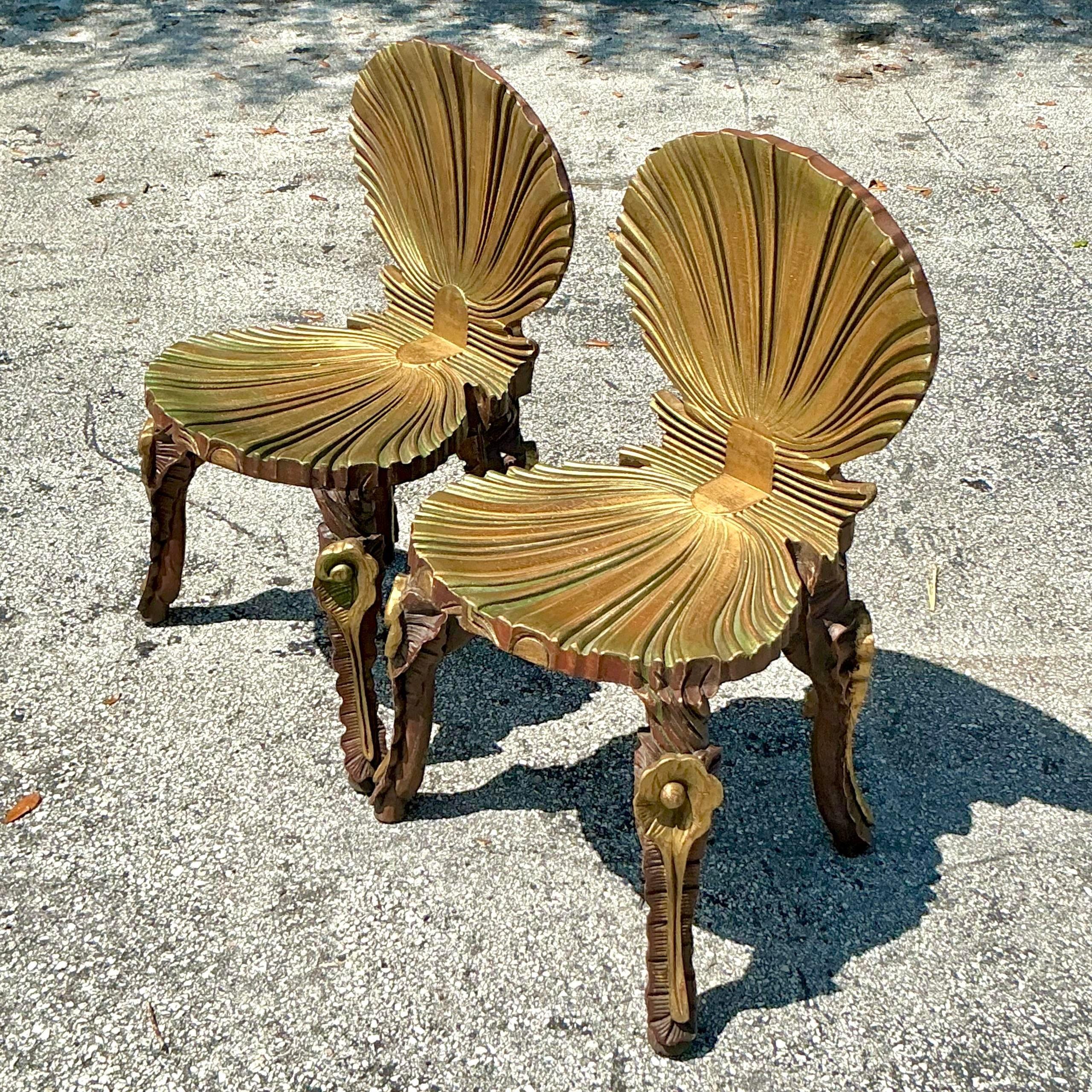 Vintage Coastal Gilt Carved Grotto Chairs - a Pair 1