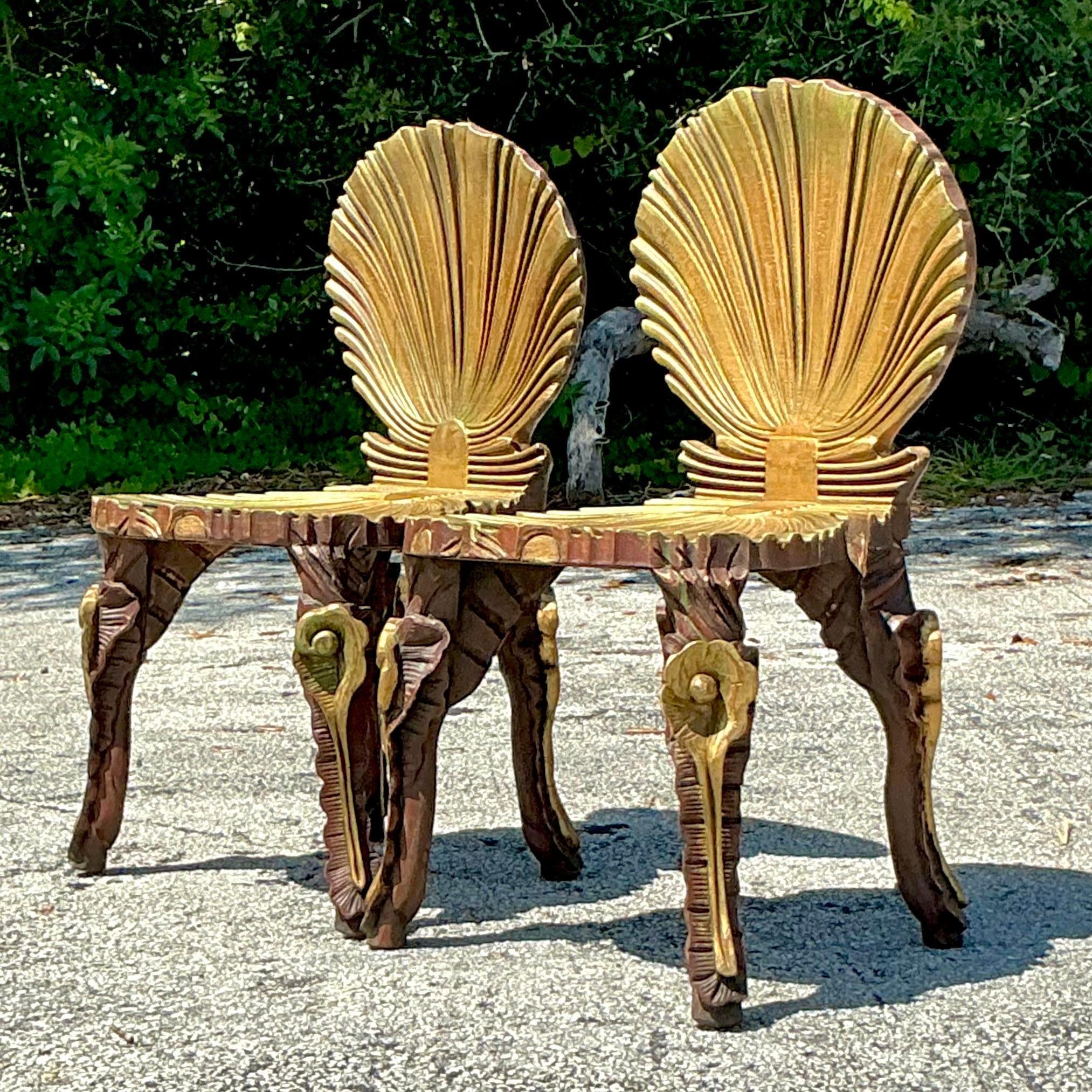 Vintage Coastal Gilt Carved Grotto Chairs - a Pair 2