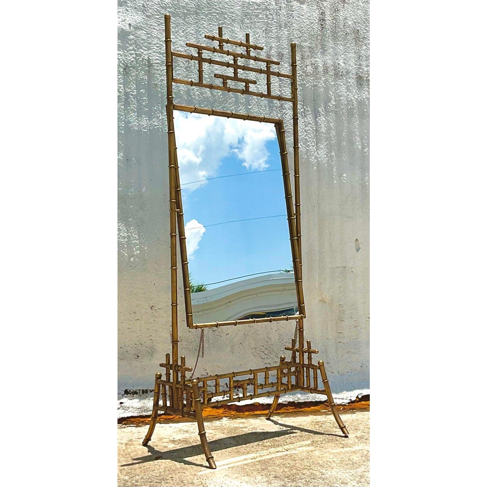 20th Century Vintage Coastal Gilt Faux Bamboo Chevalier Mirror For Sale