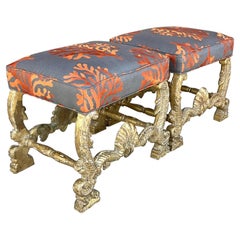 Vintage Coastal Gilt Hand Carved Coral Branch Benches, a Pair