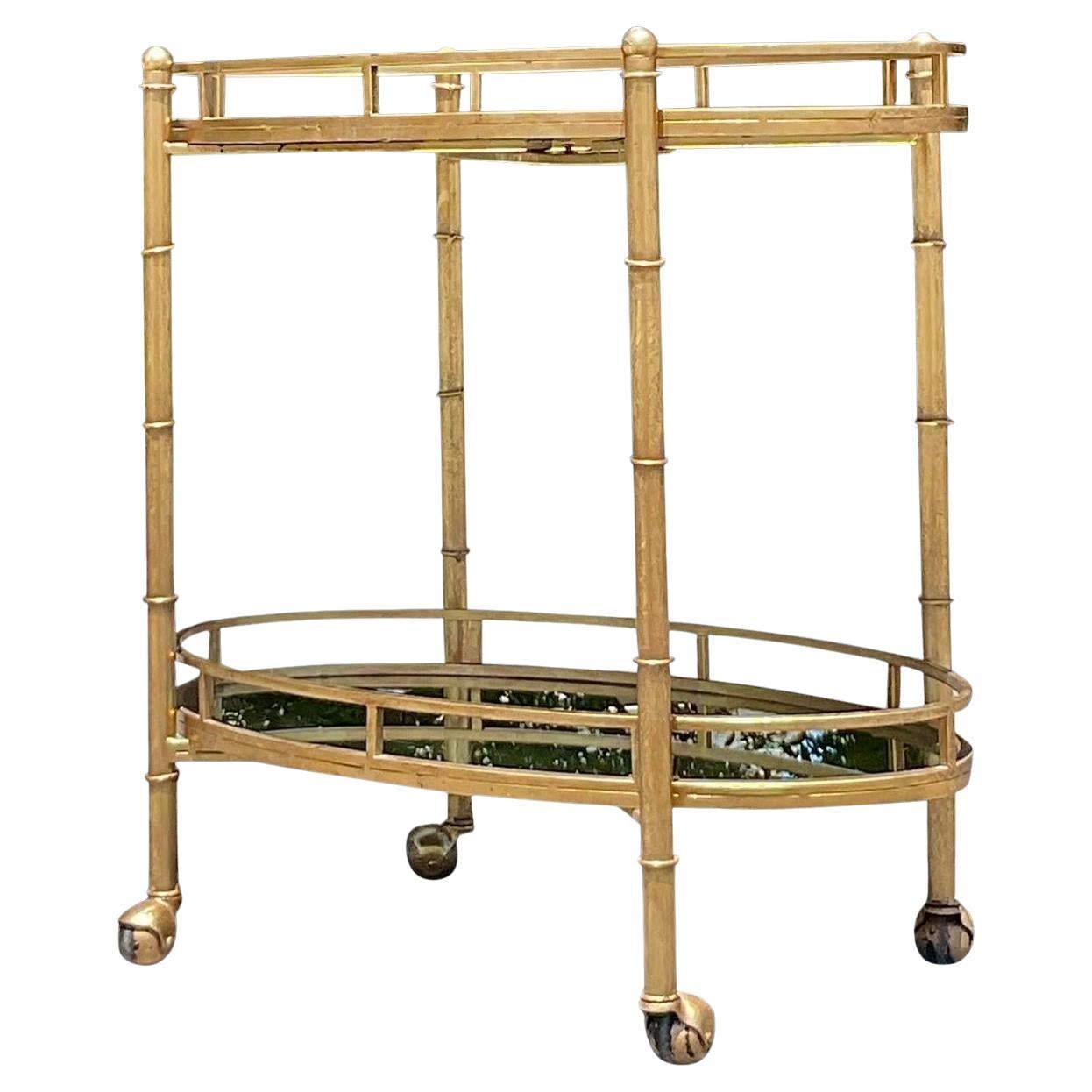 Vintage Coastal Gilt Metal and Mirrored Tray Faux Bamboo Bar Cart