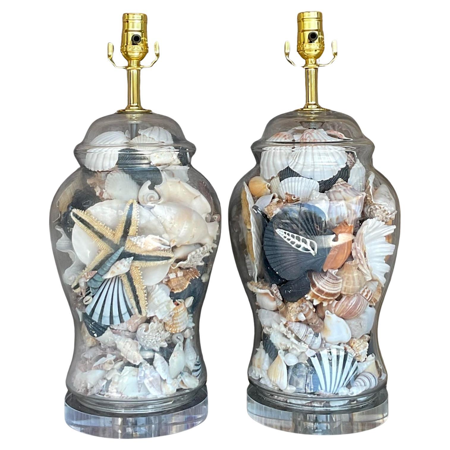 Vintage Coastal Glass Ginger Jar Shell Lamps - a Pair