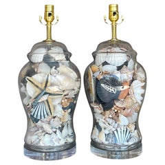 Vintage Coastal Glass Ginger Jar Shell Lamps - a Pair
