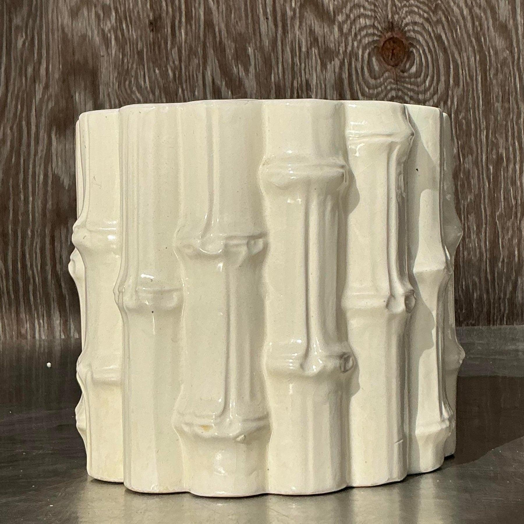 American Vintage Coastal Glazed Ceramic Bamboo Cache Pot For Sale