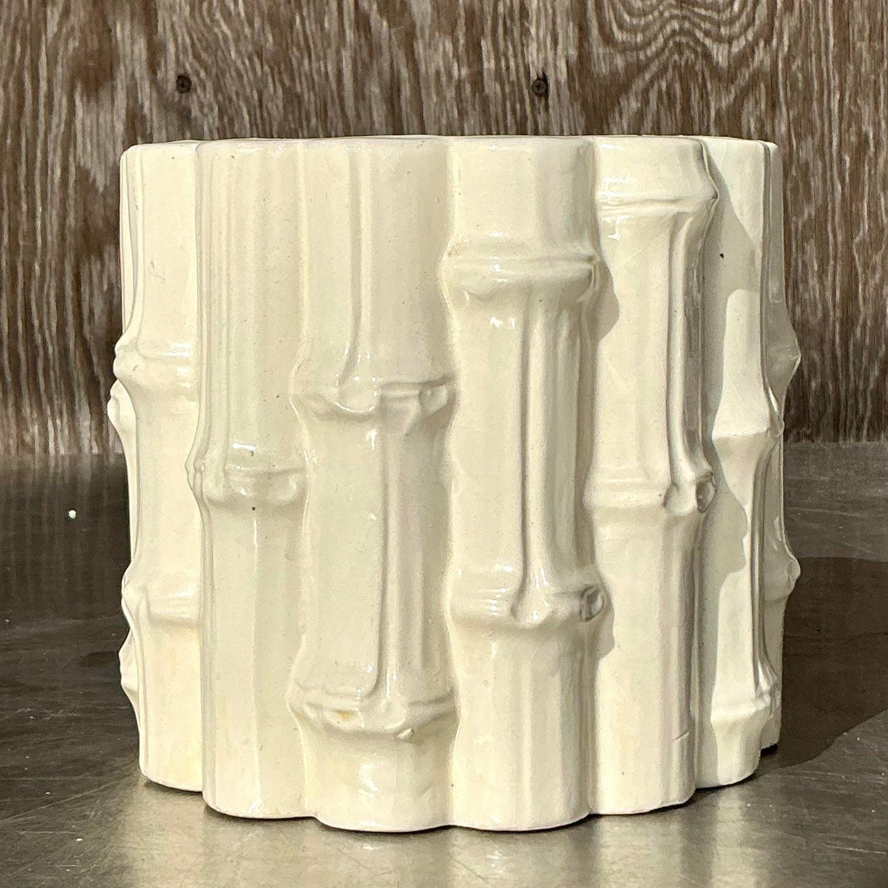 Vintage Coastal Glazed Ceramic Bamboo Cache Pot In Good Condition For Sale In West Palm Beach, FL