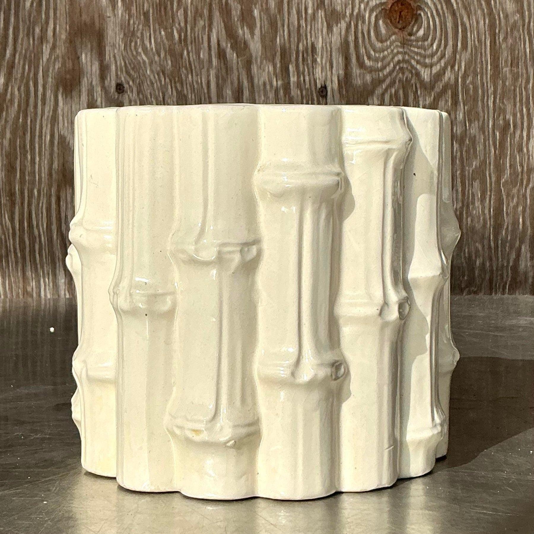 20th Century Vintage Coastal Glazed Ceramic Bamboo Cache Pot For Sale