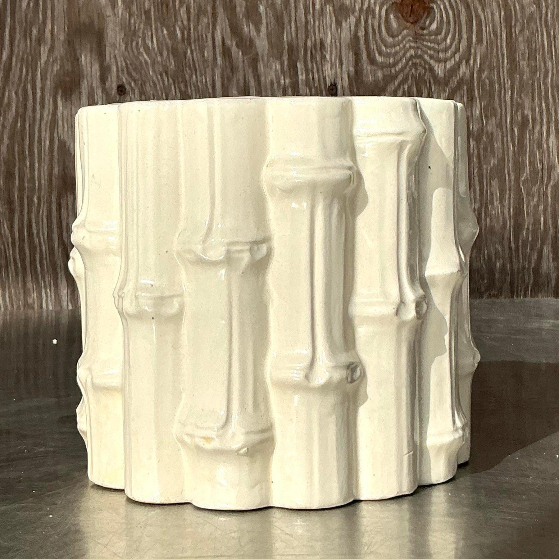 Vintage Coastal Glazed Ceramic Bamboo Cache Pot For Sale 1